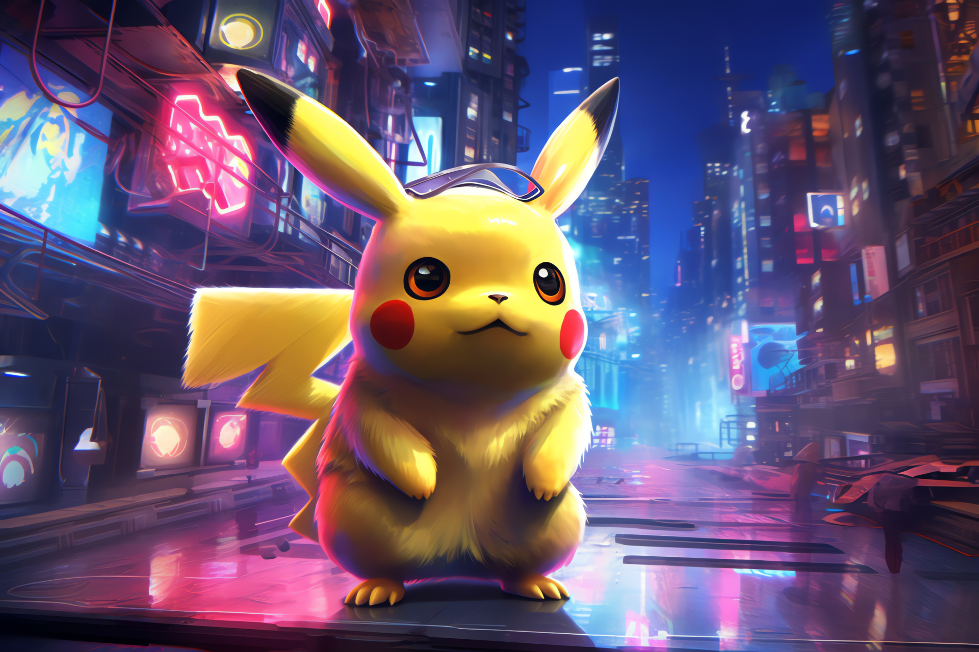 Pikachu, Sci-fi environment, Elevated platform, Advanced graphics, Illuminated skyline, HD Desktop Wallpaper