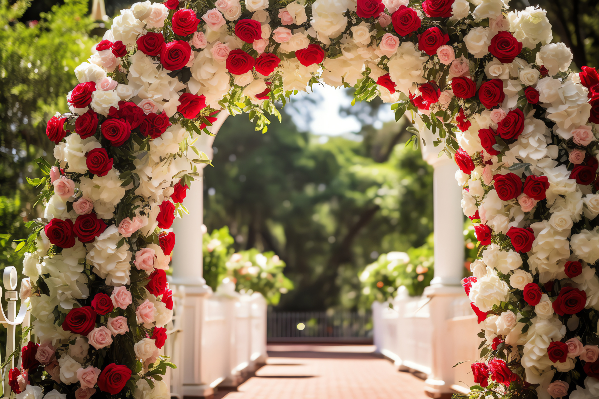 Botanical festivity, Garden setting, Bridal attire, Groom's suit, Outdoor vows, HD Desktop Image