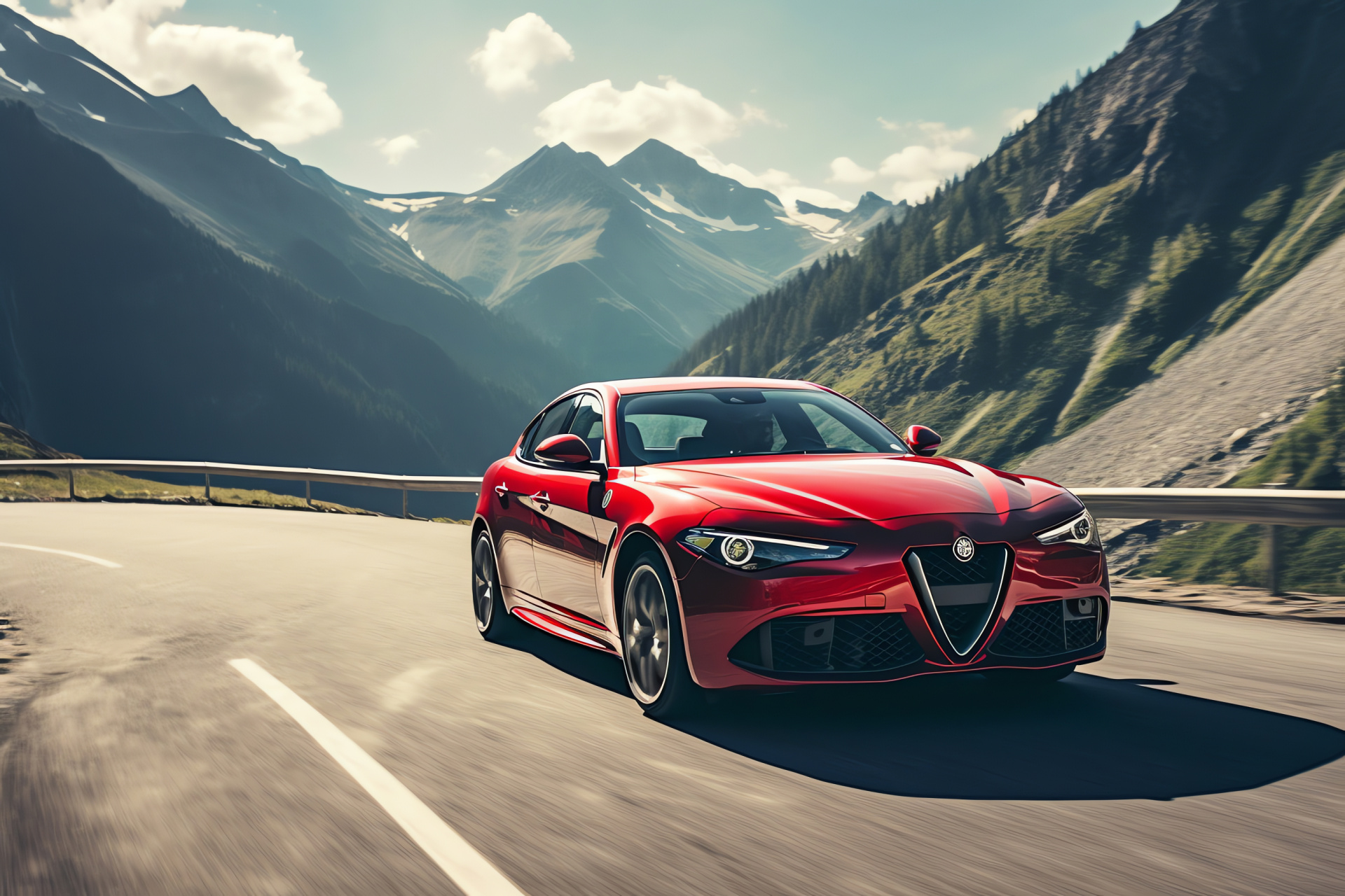 Alfa Romeo Giulia Quadrifoglio, Italian Alps, High-Performance Sedan, Serpentine Pass, Automotive Panorama, HD Desktop Wallpaper