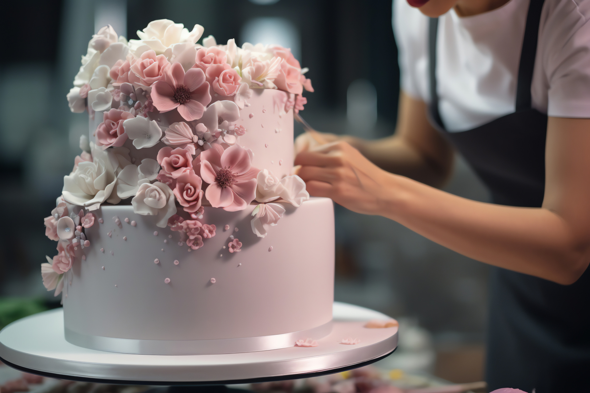 Bridal bakery creation, Chef patisserie expertise, Nuptial dessert, Floral icing art, Tender pink touches, HD Desktop Image