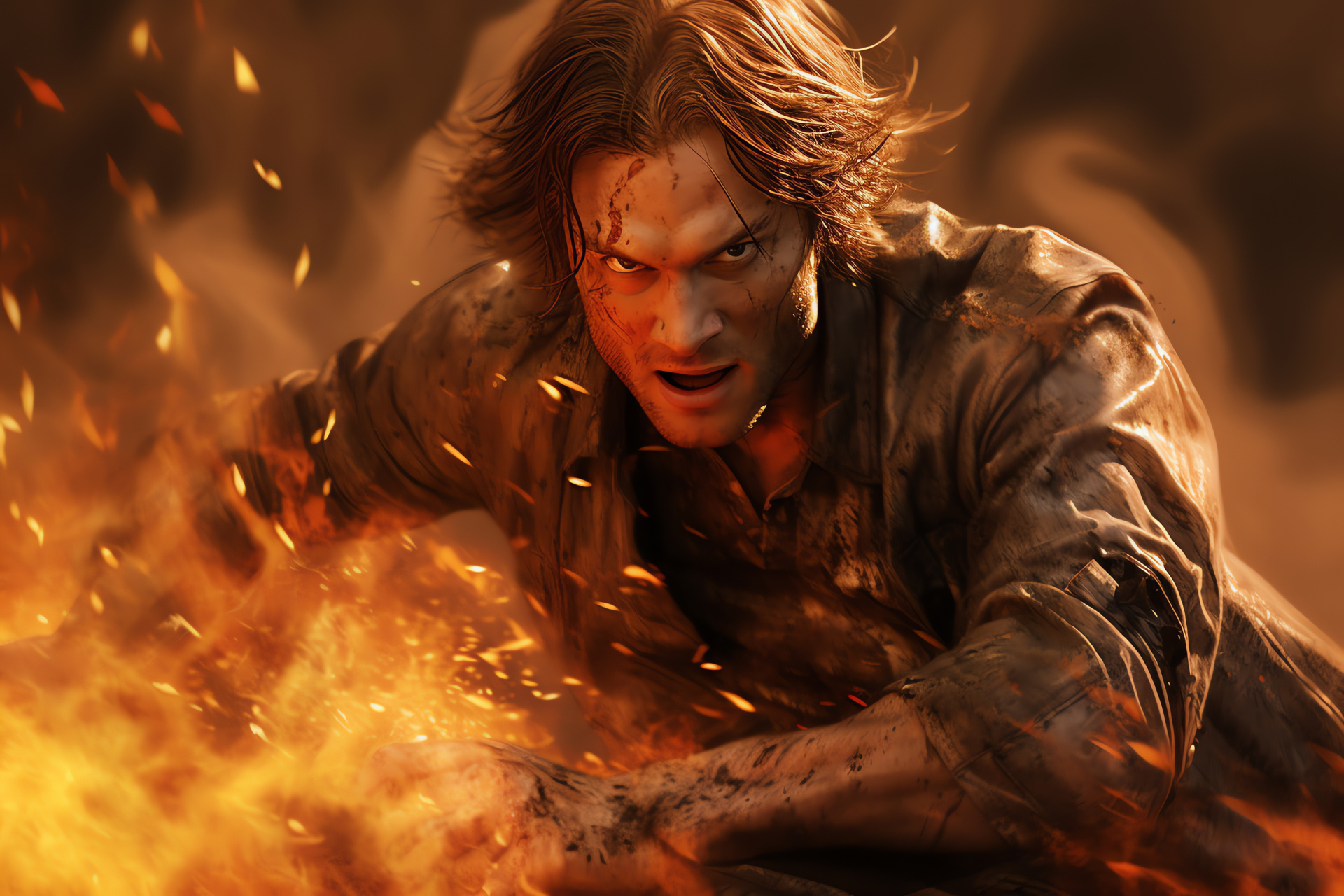 Sam Winchester, actor Jared Padalecki, intense conflagration, checked garment, gleaming dagger, HD Desktop Image