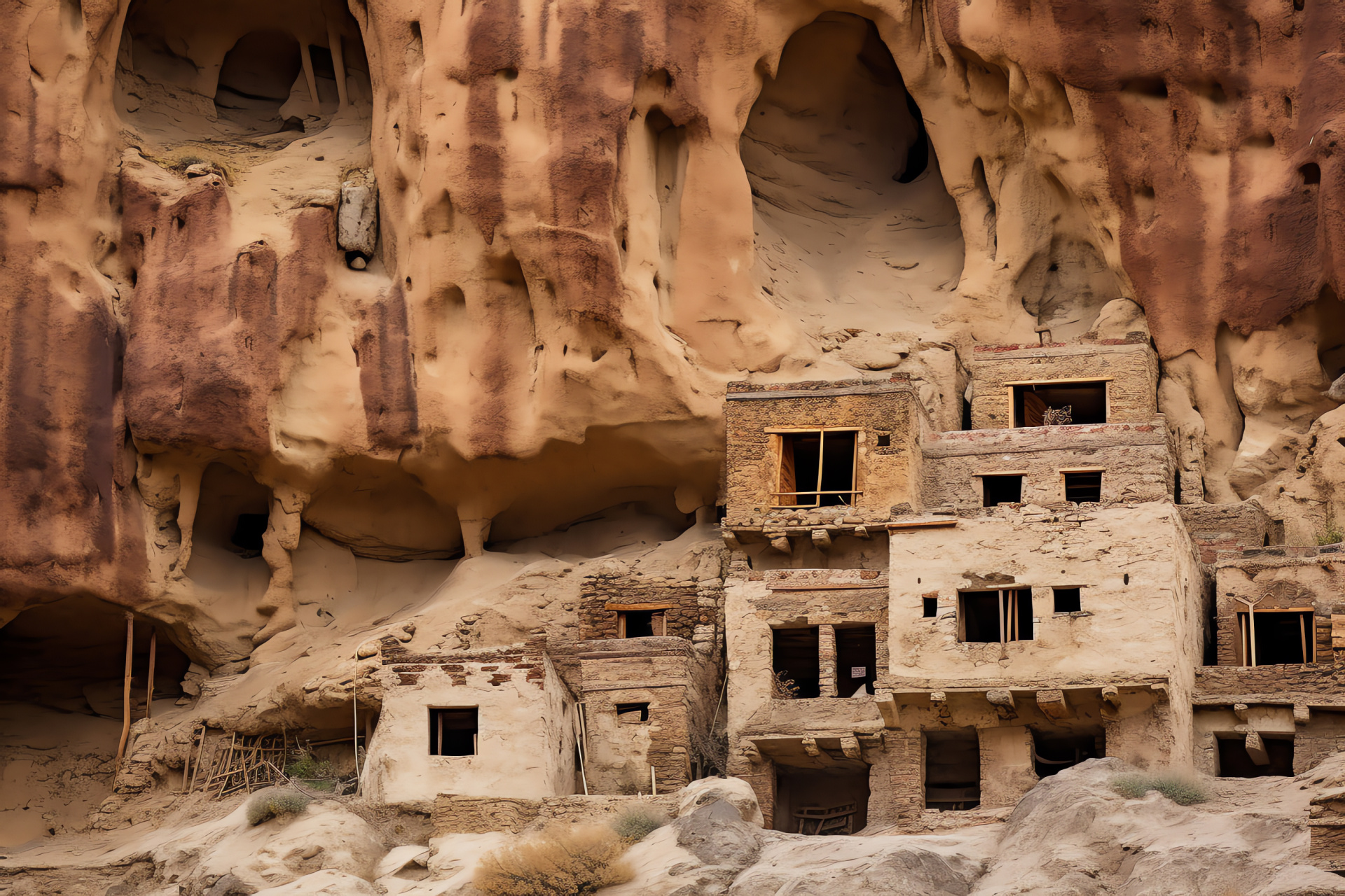 Mustang district exploration, cave residences, Nepalese ancient artistry, cultural rock inscriptions, time-honored color nuances, HD Desktop Image