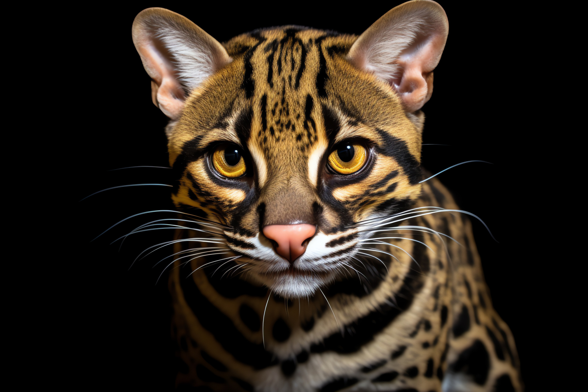 Commanding black Ocelot, Intense amber-eyed feline, Sleek wildcat presence, Reflective pure backdrop, Dominant predator, HD Desktop Image