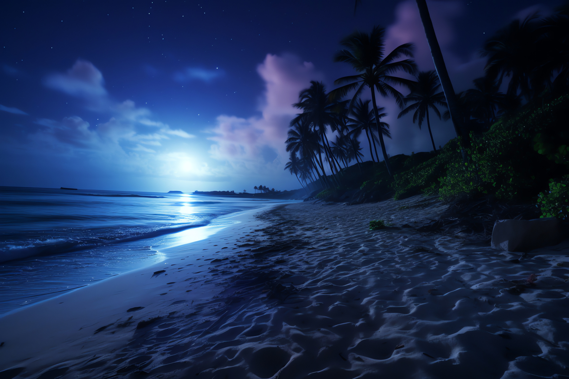 Nocturnal coast scene, Oceanic tides, Starlit seaside ambiance, Luminous coastal periphery, Maritime nocturne, HD Desktop Wallpaper