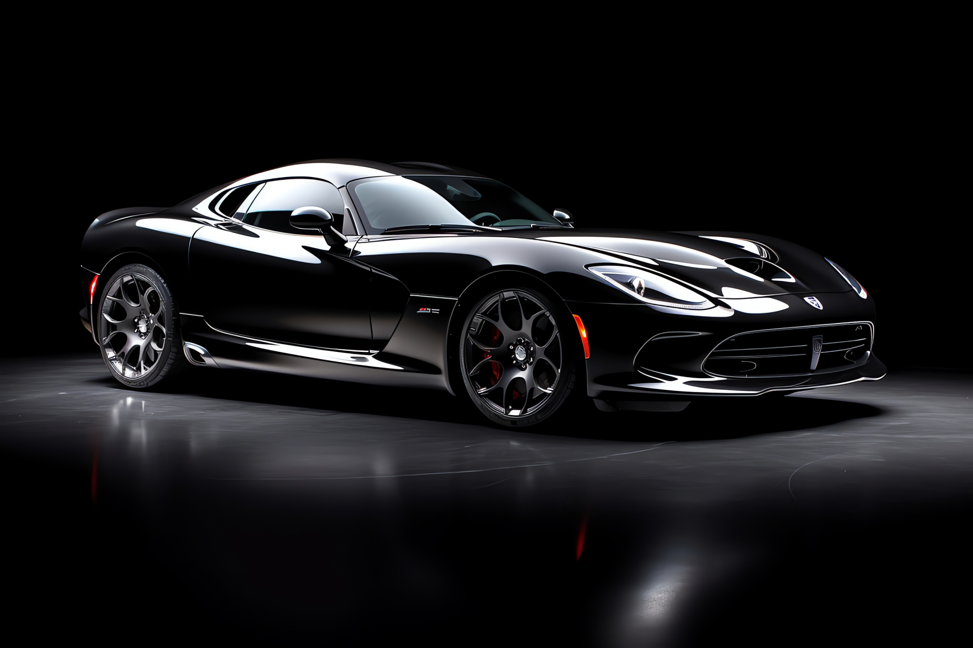 Srt Viper launch, 2014 coupe, Metal-flaked paintwork, Imposing vehicle silhouette, Blackened studio setting, HD Desktop Image