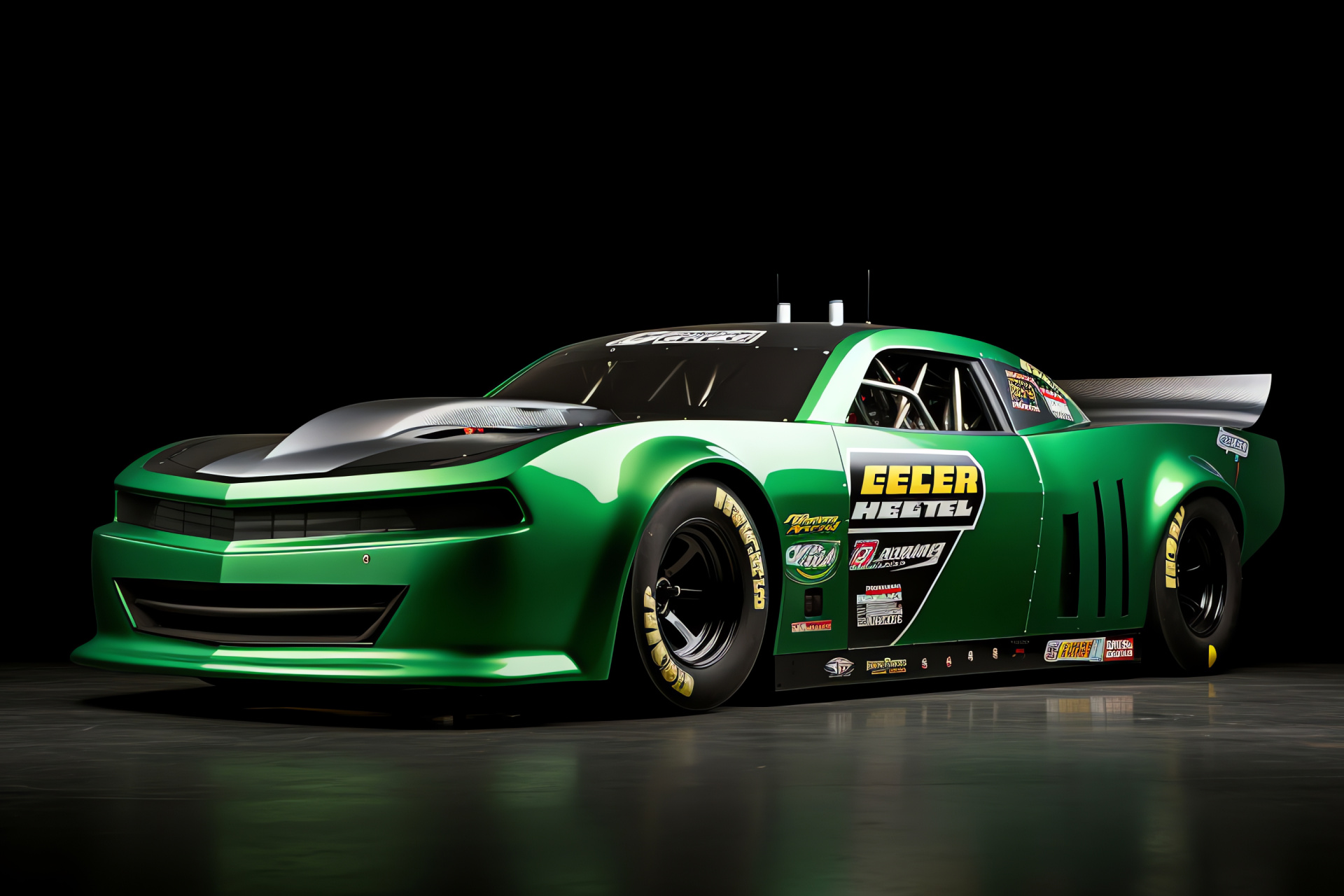 NHRA motorsports, Pro stock vehicle, Side perspective, Auto racing, Green backdrop event, HD Desktop Wallpaper