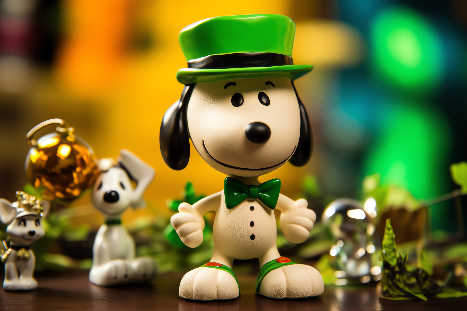 Peanuts character Snoopy, Irish holiday, decorative bowtie, festive beverages, thematic embellishments, HD Desktop Wallpaper