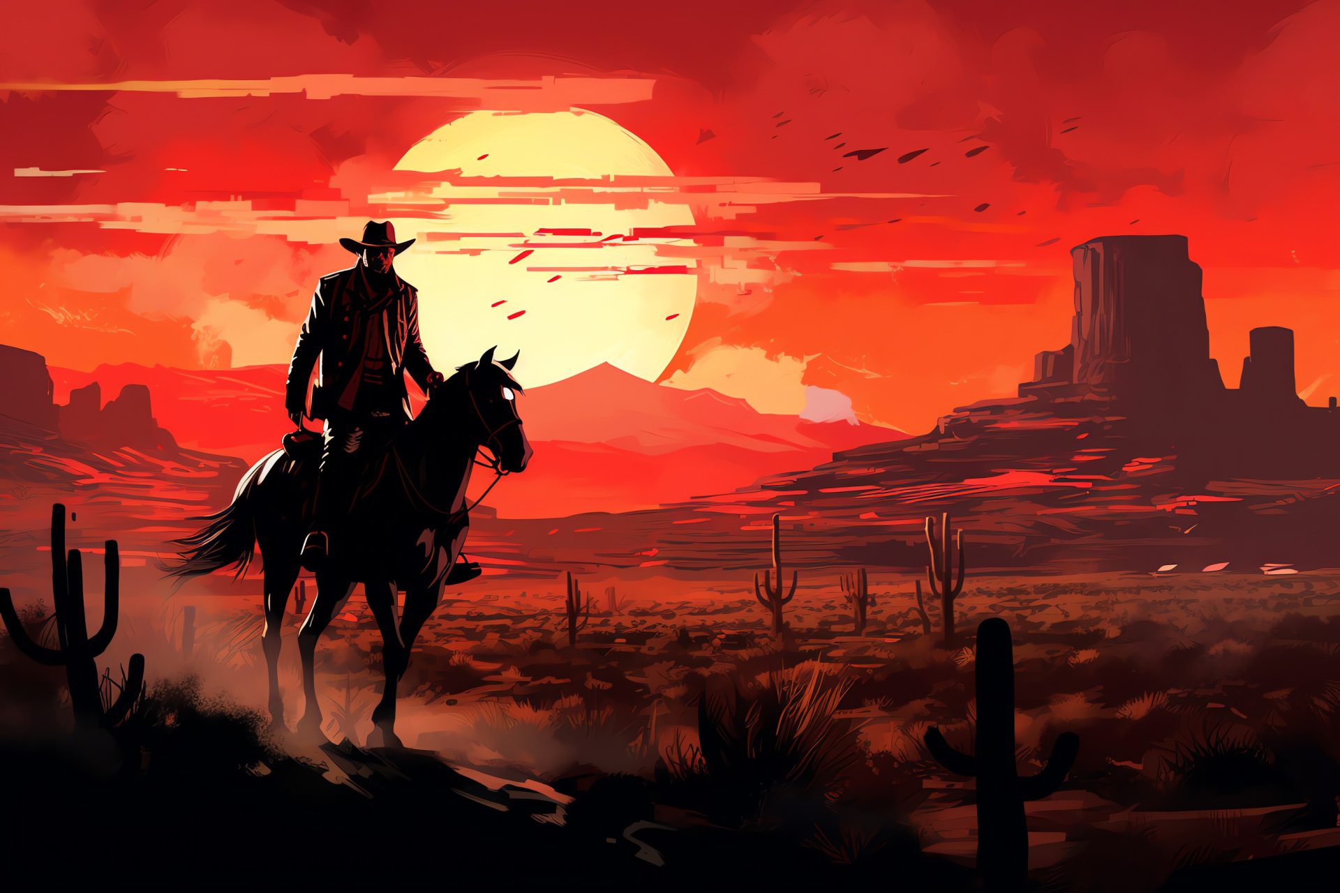 New Austin region, Red Dead Redemption setting, Lone horse rider, Dusty trails, Gold hour illumination, HD Desktop Image