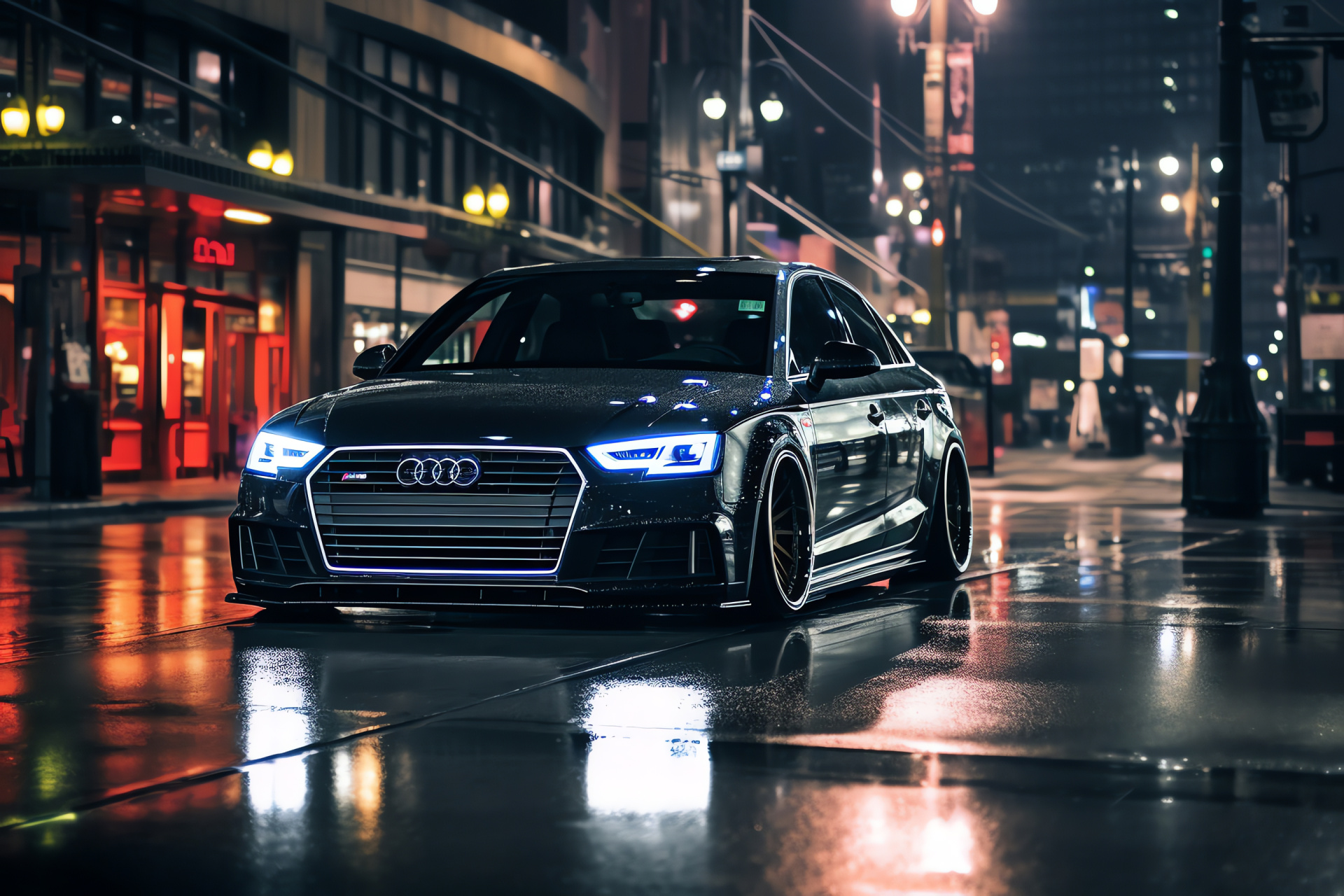 Rain-soaked Audi A4, urban night, reflective surfaces, illuminated streets, custom detailing, HD Desktop Wallpaper