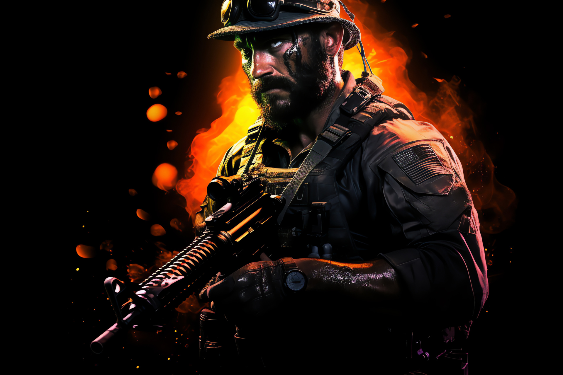 Captain Price close-up, Combat leader, Fierce combatant, Tactical weapon, Darkened frame, HD Desktop Image