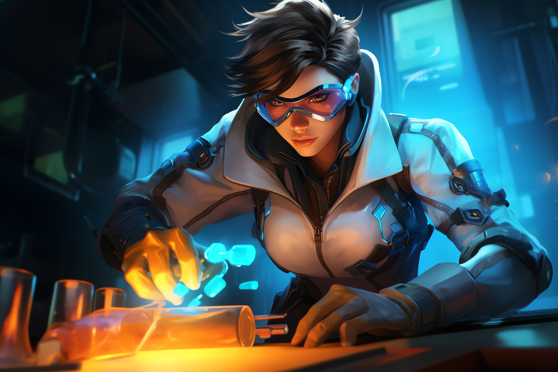 Overwatch Tracer, Swift gameplay character, High-speed action, Hi-tech surroundings, Video gaming, HD Desktop Image