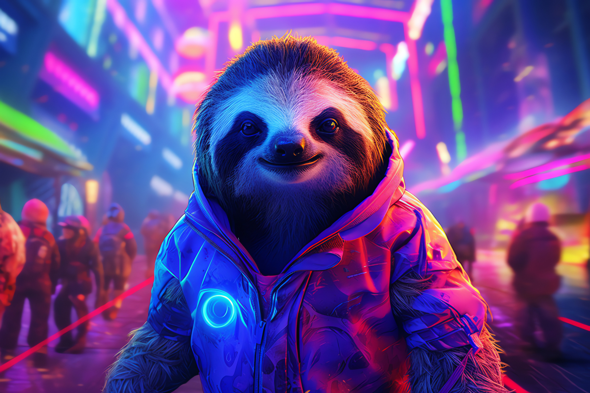 Space Sloth, Galactic City, Neon fur, Electric patterns, Energetic creature, HD Desktop Wallpaper