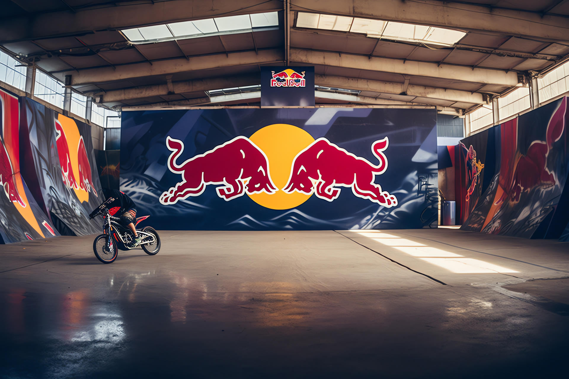 Red Bull emblem, BMX professionals, Synchronized bicycles, Street park, Artistic venue, HD Desktop Wallpaper