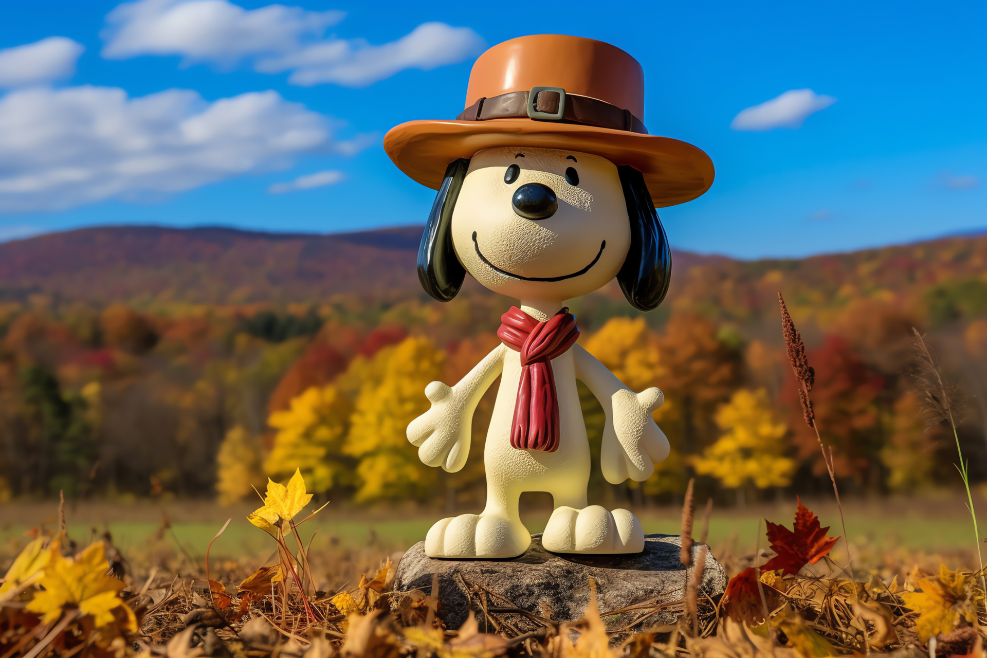 Snoopy autumn holiday, Woodstock meadow, serene Thanksgiving setting, friends gathering, fall season, HD Desktop Image