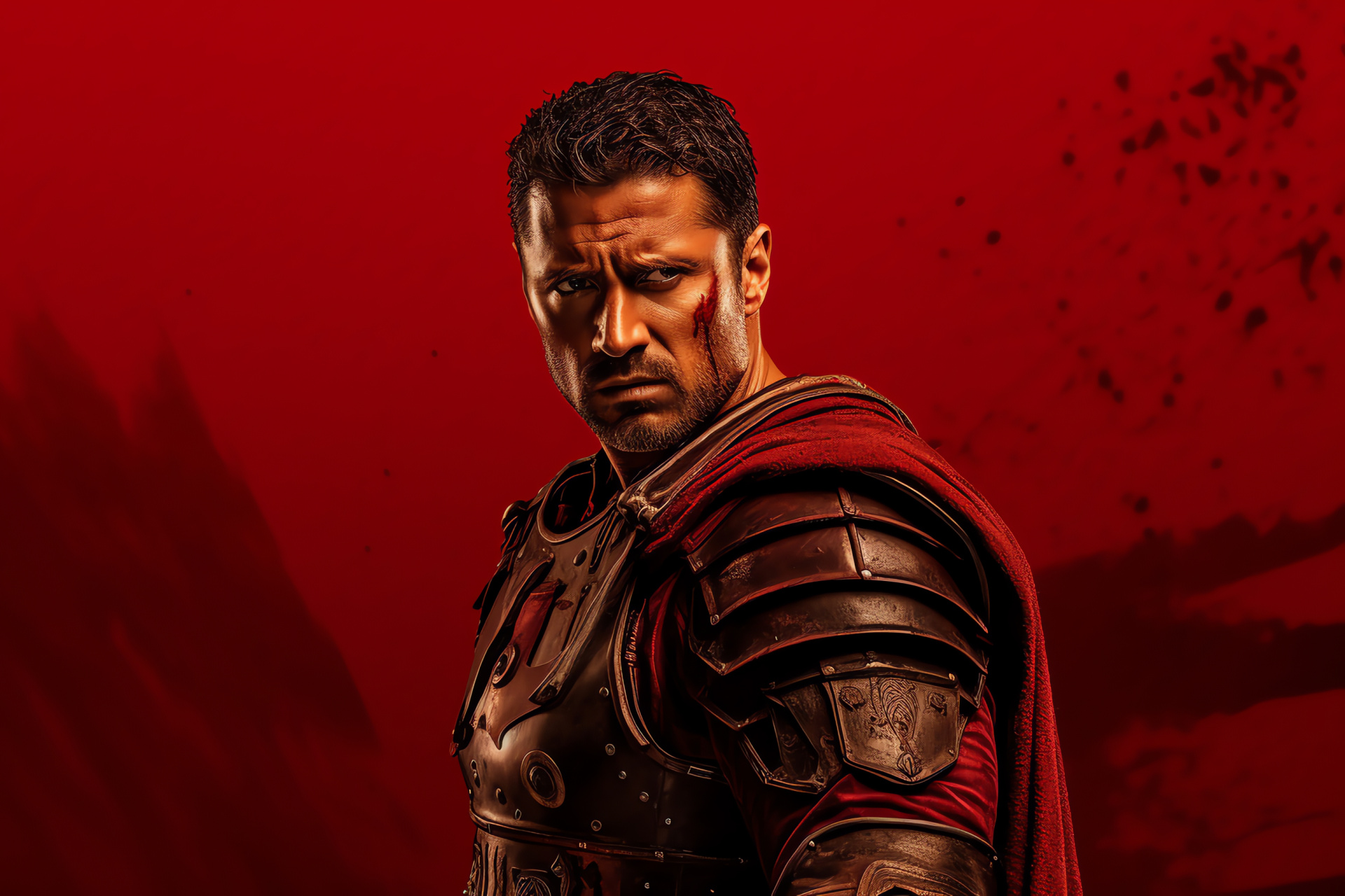 Manu Bennett as Crixus, Gladiator stance, Red artistic backdrop, Warrior representation, Roman era, HD Desktop Image