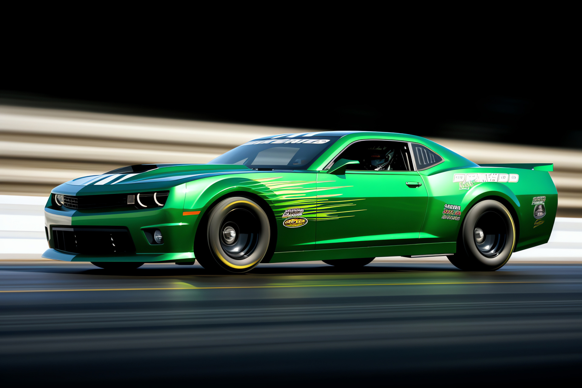 Professional Stock Car, Competitive dragstrip moment, Side profile capture, Immaculate green stage, Race day concentration, HD Desktop Wallpaper