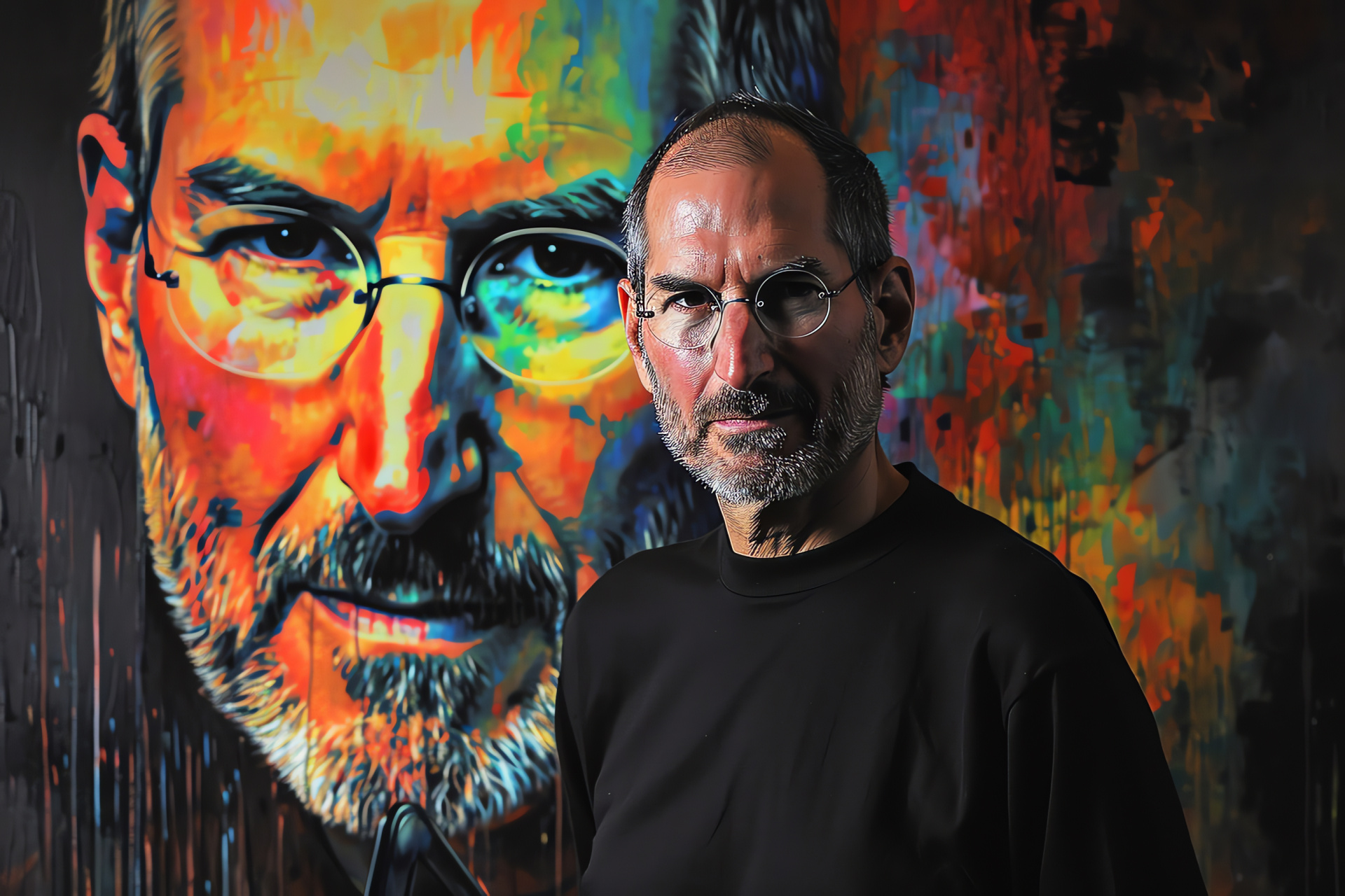 Steve Jobs on stage, notable events, assured stance, handling tablet, tech device display, HD Desktop Wallpaper