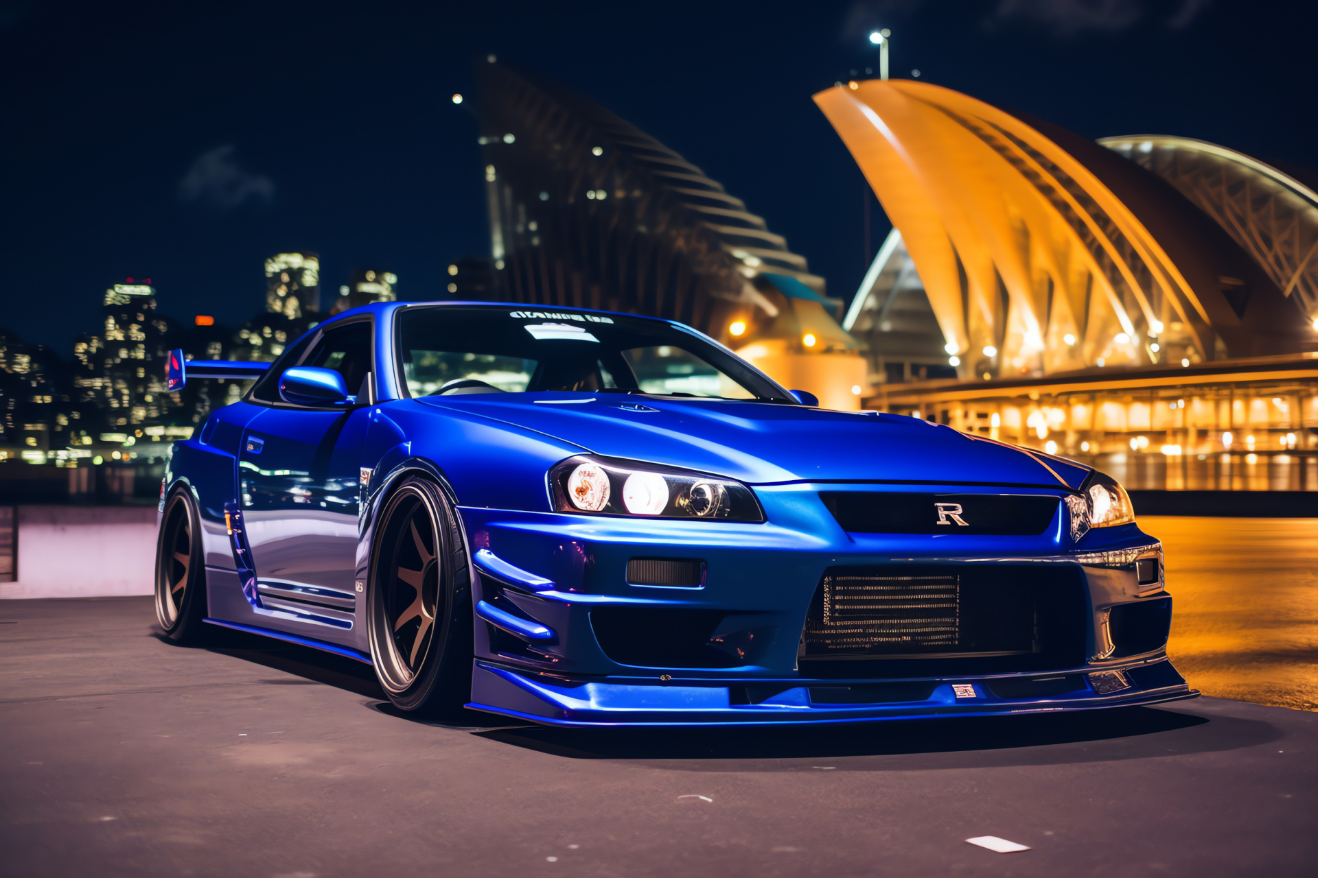 Nissan Skyline GTR R33 GT-R V-Spec II, Sydney cityscape, Opera House silhouette, Automotive paintwork, Australia, HD Desktop Image