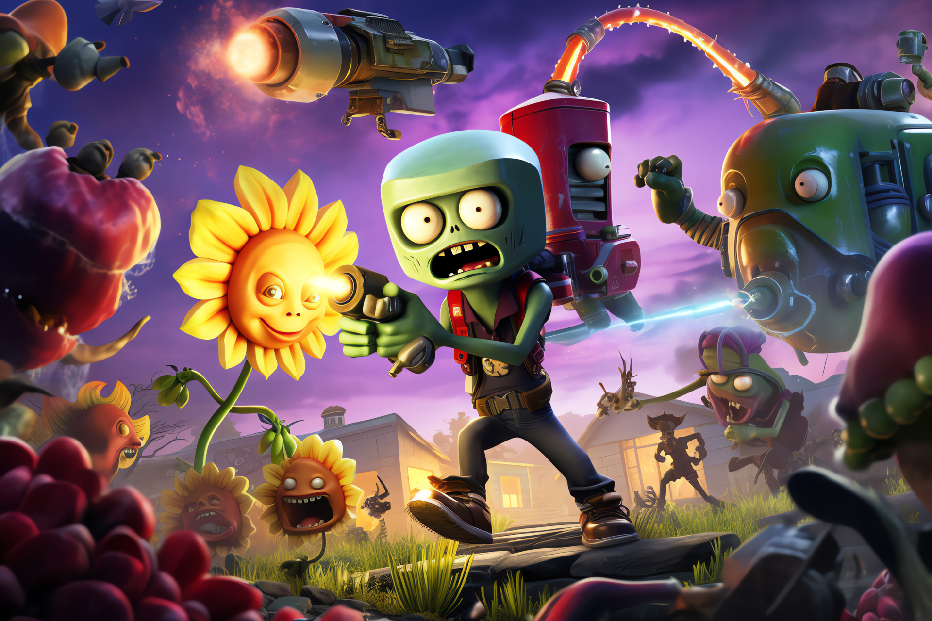 Pvz Garden Warfare 2 gameplay, Plant characters, Blooming Sunflower, Agile Peashooter, Hungry Chomper, HD Desktop Image