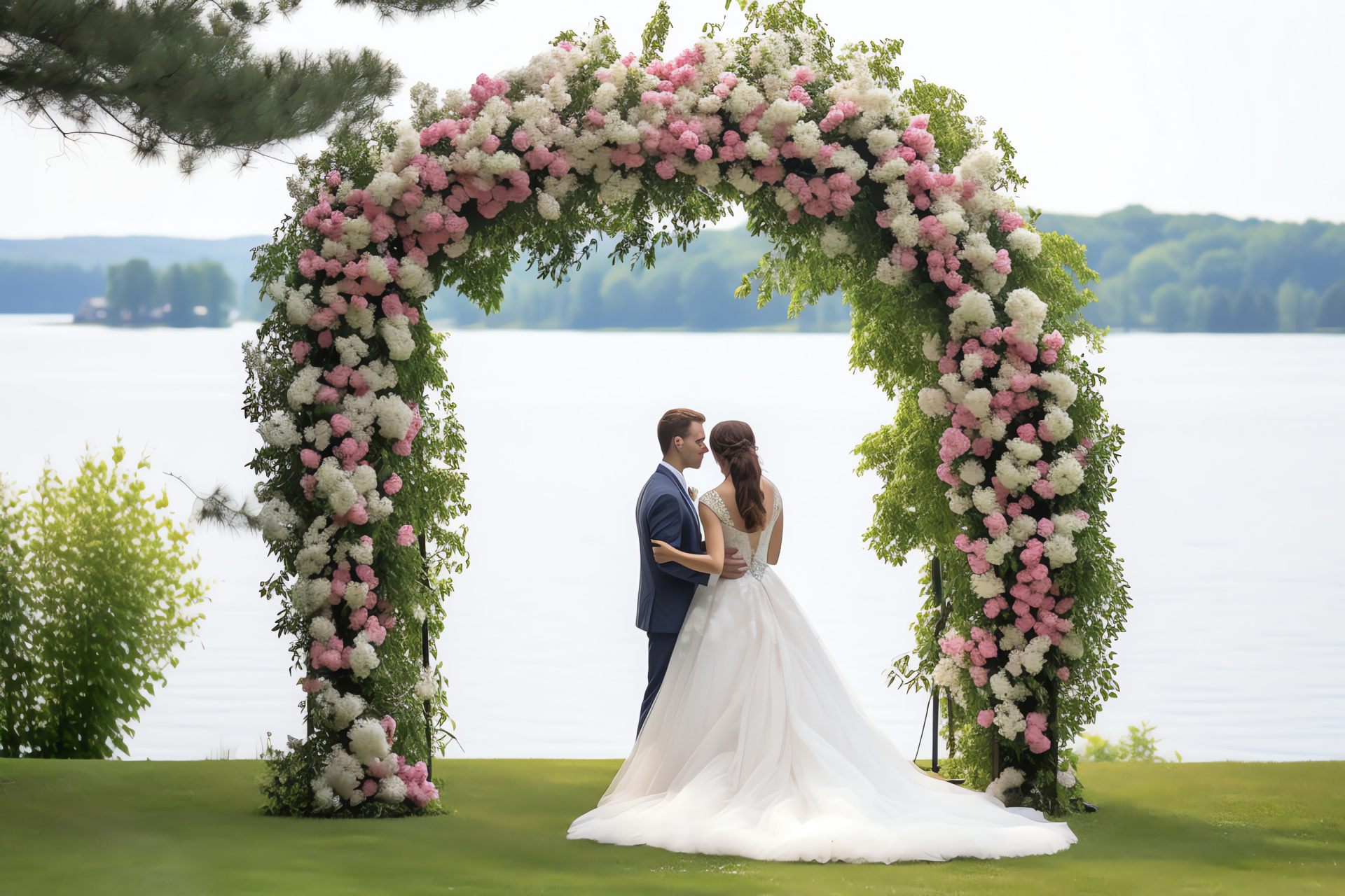 Matrimonial vows beside tranquil lake, lush garden setting, serene water backdrop, pastoral wedding scene, HD Desktop Wallpaper