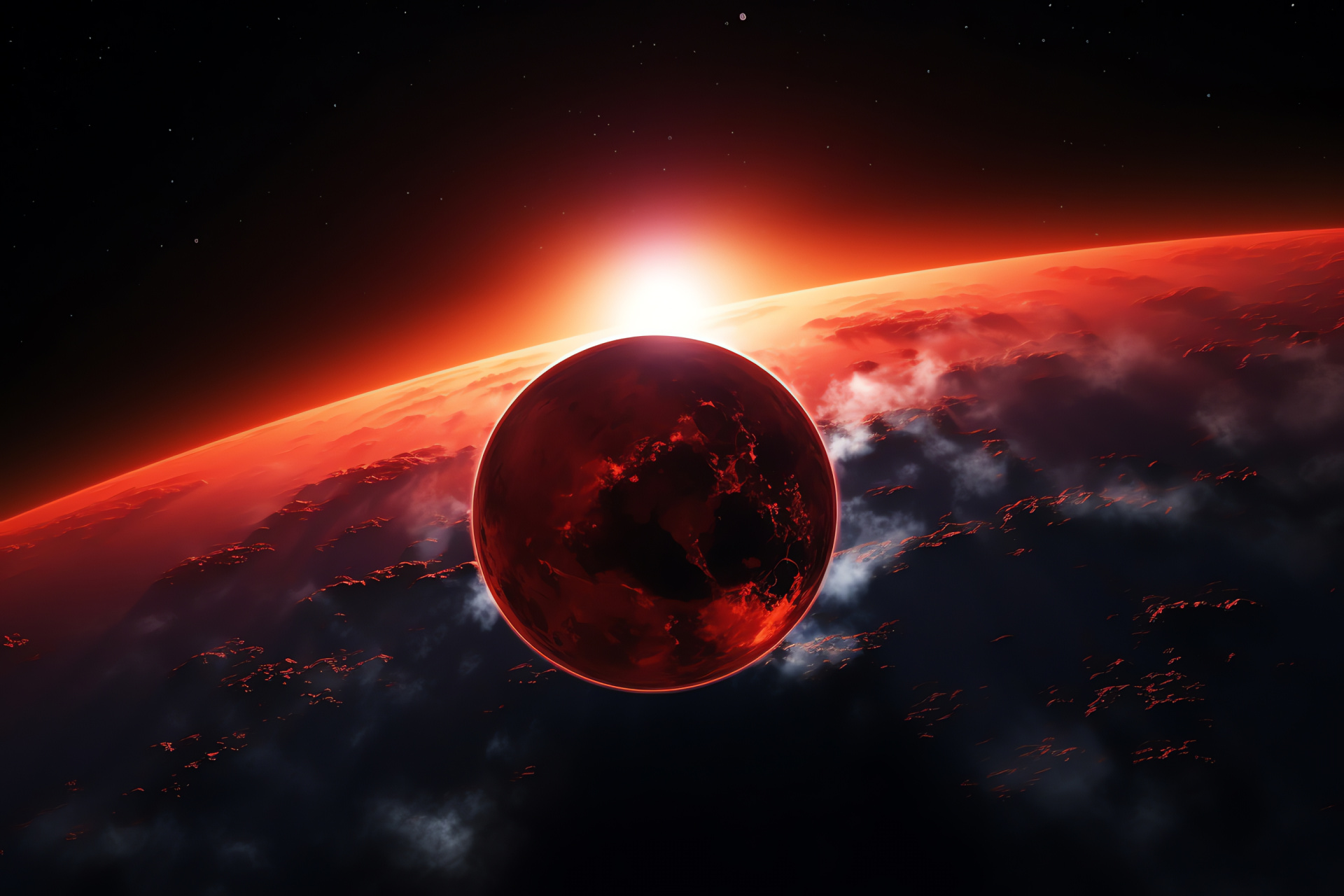 Lunar phenomenon, Reddish sphere, Outer space vista, Intense scarlet, Mysterious luminescence, HD Desktop Image