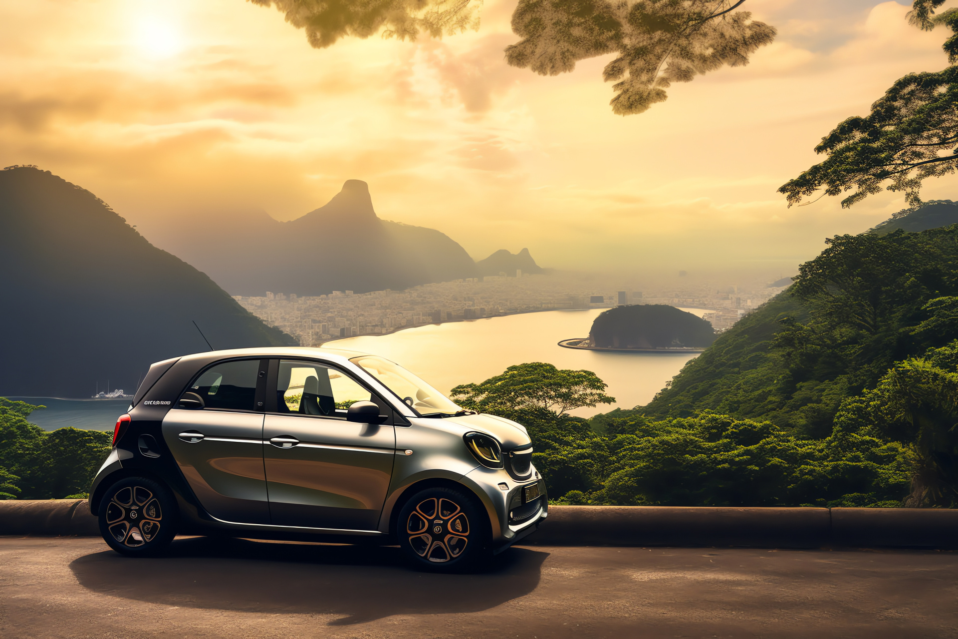 Smart Car Rio de Janeiro, EQ ForFour model, panoramic Sugarloaf view, sleek architecture, coastal environment, HD Desktop Image