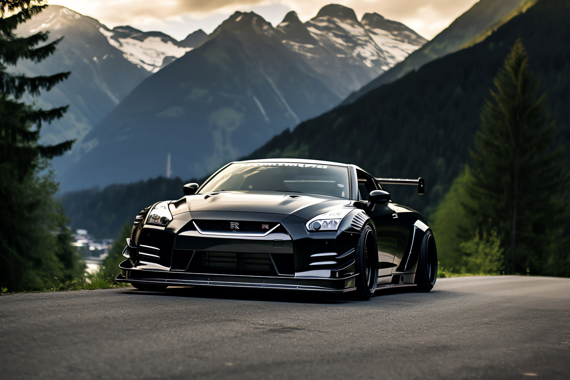 Nissan GTR Liberty Walk, Swiss mountainous roads, Snow Alpine landscape, Curved road driving, Verdant valley scenery, HD Desktop Wallpaper