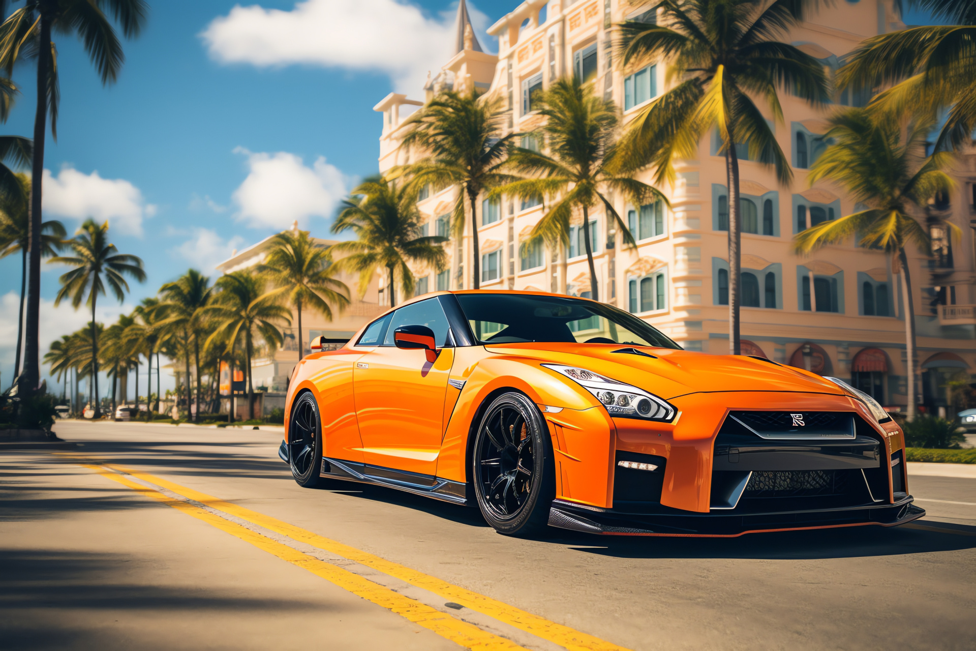 Nissan GTR HD in Miami, Nismo premium edition, Two-tone vehicle coating, Iconic Ocean Drive scene, Florida car culture, HD Desktop Wallpaper