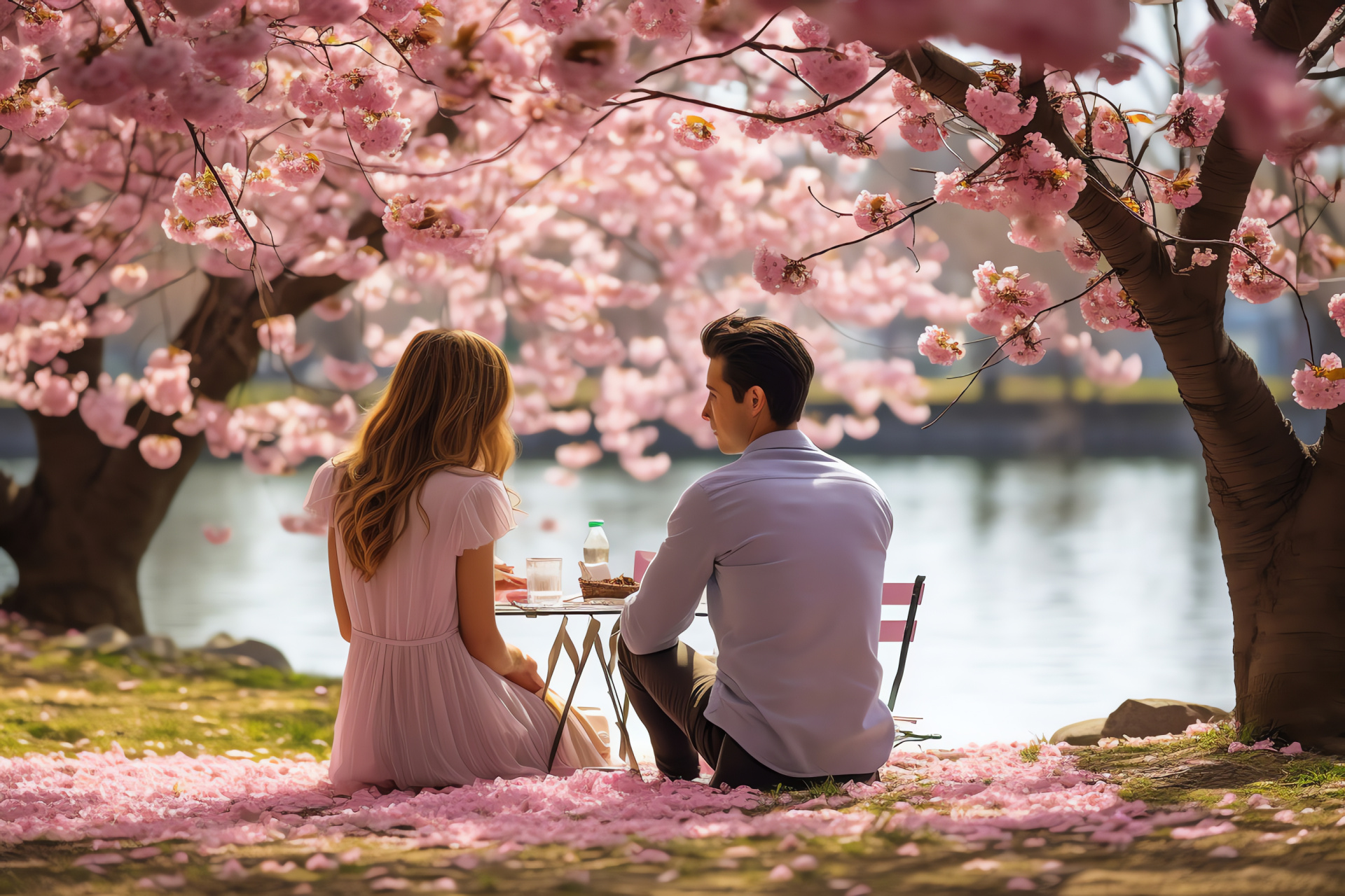 Valentine's alfresco dining, Couple's retreat, Sakura tree location, Nature's spring shade, Beautiful flora, HD Desktop Image