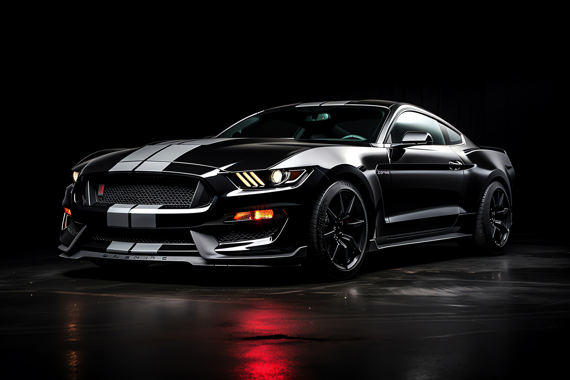 Mustang GT350, Dark monochrome contrast, Aerial car view, Striking shadow play, Sleek lines, HD Desktop Image