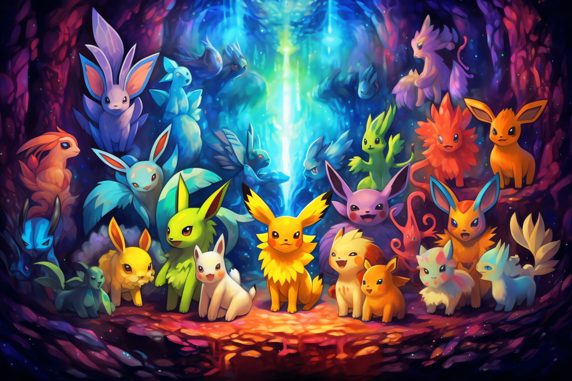 Pokemon Eeveelutions, Mystery Dungeon series, Animated design, Bright backdrop, Fantasy creatures, HD Desktop Wallpaper