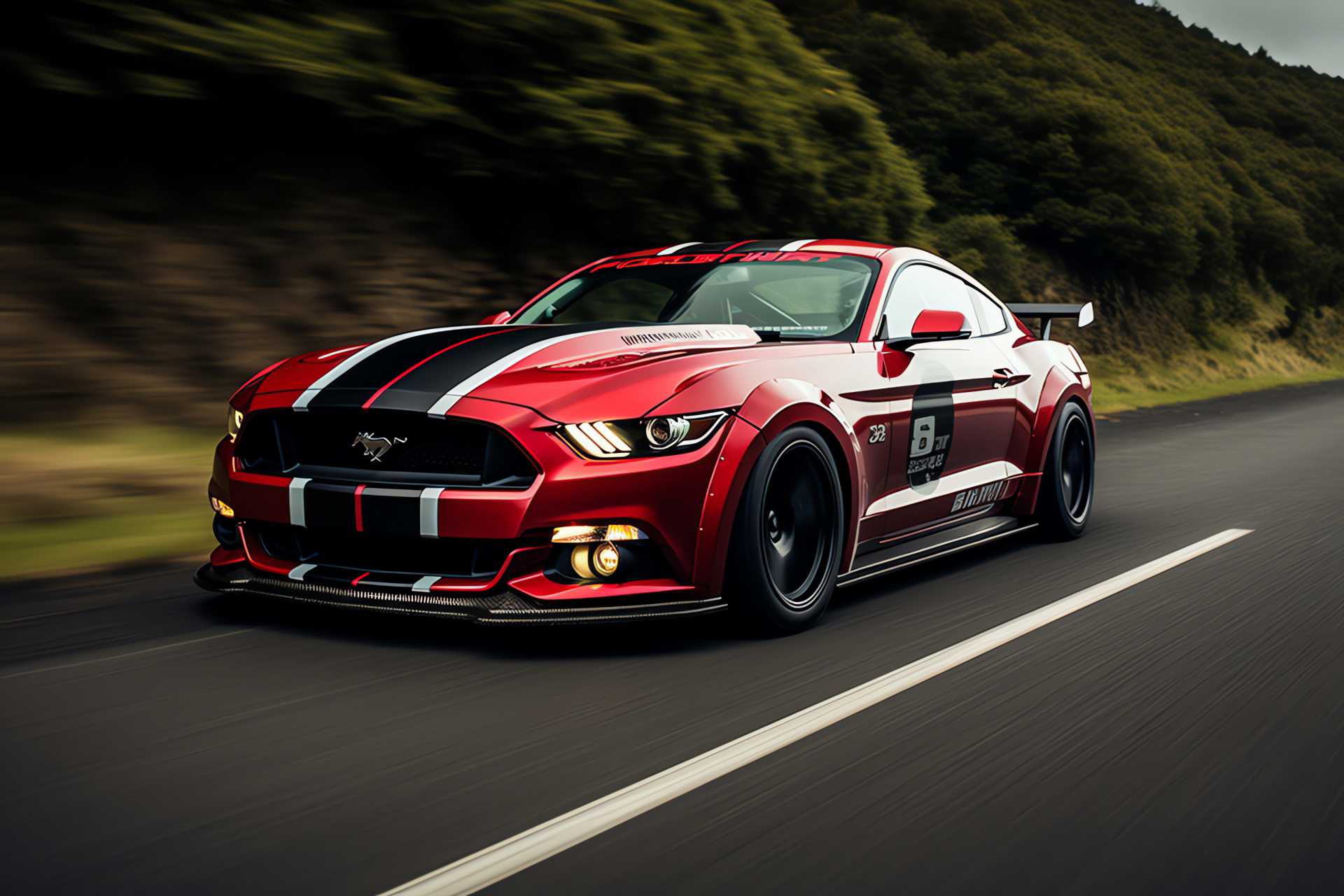 Ford Mustang racing, Motoring event location, Challenging mountain track, Performance bodywork, Racing motorsport, HD Desktop Image