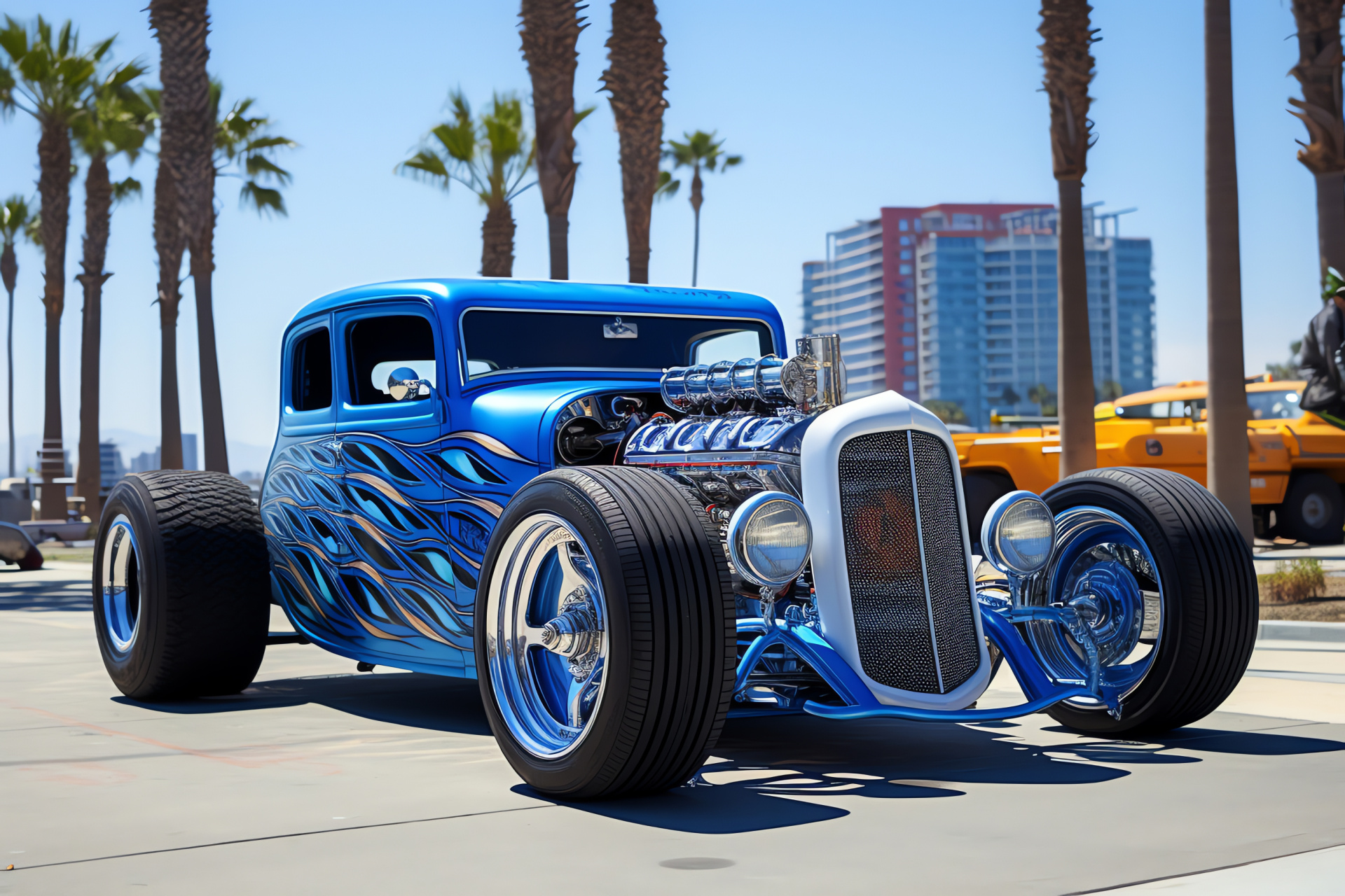 Classic Rat Rod, Los Angeles origin, Shiny blue finish, Retro tires, Custom pinstriping, HD Desktop Image