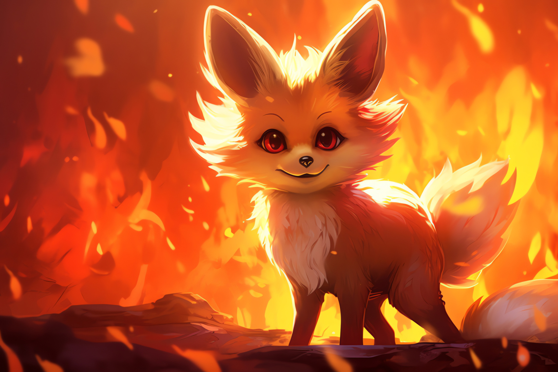 Fennekin's fiery spirit, Ember-like stare, Burnt orange pelage, Carmine glow, Vision of ardor, HD Desktop Image