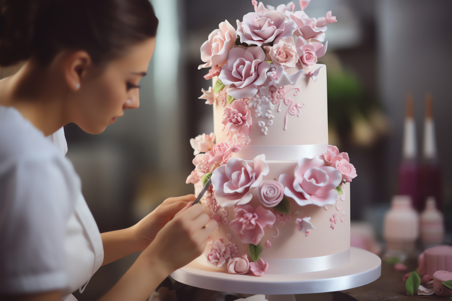 Confectionery craftsmanship, Expert pastry chef creations, Matrimonial confection, Edible petal decorations, Soft pink hues, HD Desktop Image