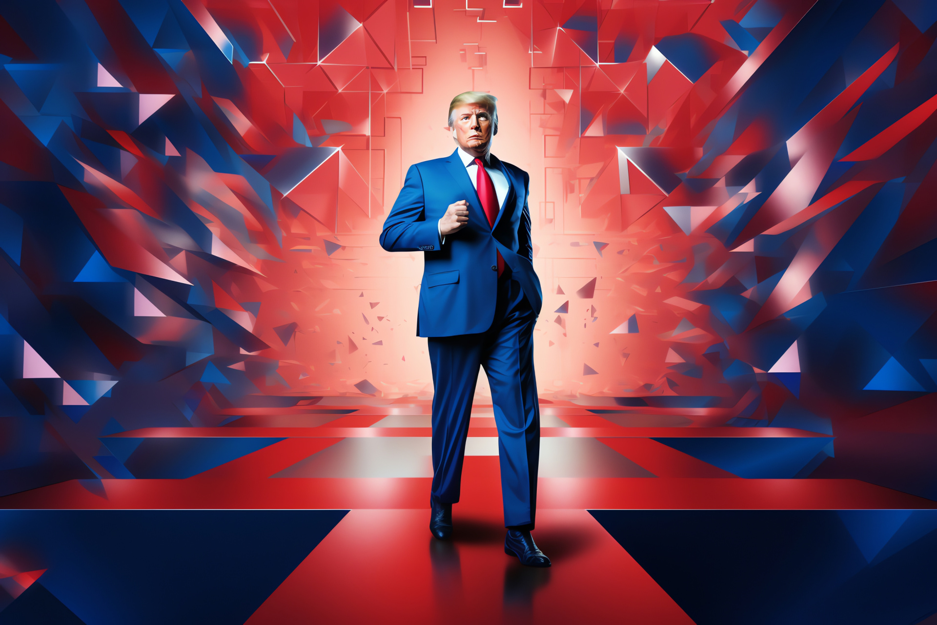 Donald Trump expressing defiance, epitome of success, patriotic red and blue patterns, shiny golden trophy, HD Desktop Image