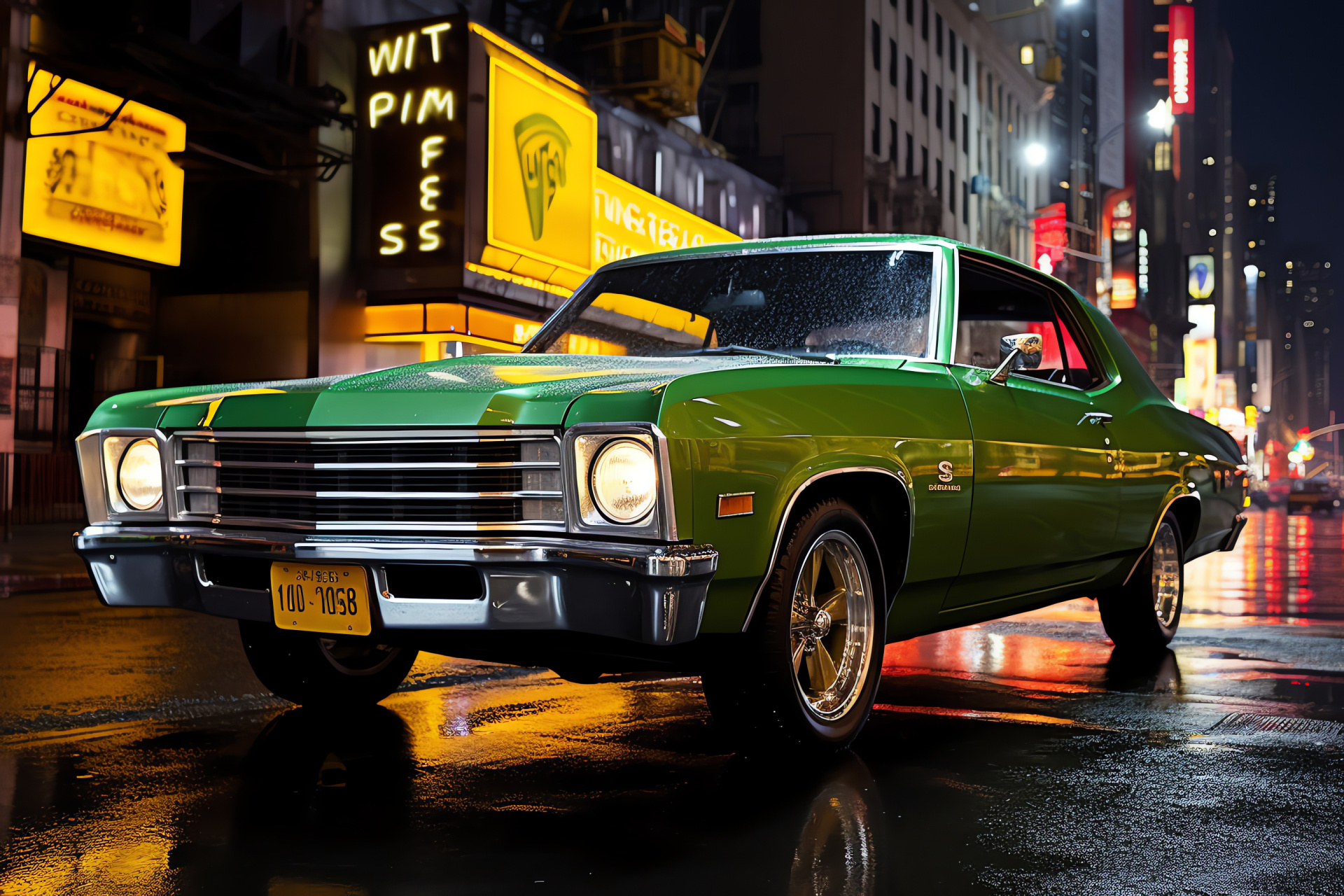 Chevrolet Nova SS icon, Metropolitan ambience, NYC hustle, Green machine against urbanity, City night brilliance, HD Desktop Image