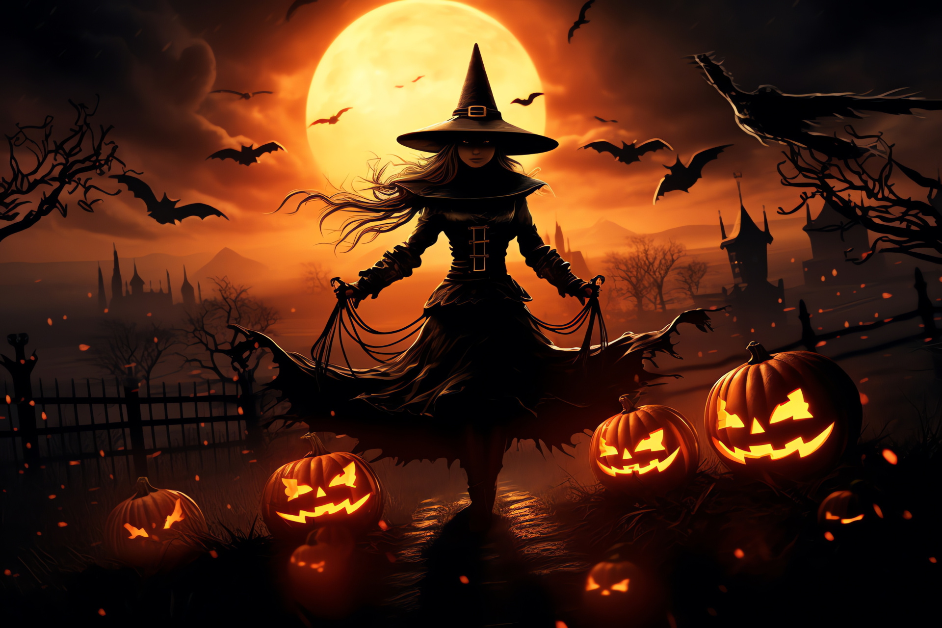 Samhain festival witch, Halloween moonlit backdrop, Enchanted nocturnal landscape, Harvest night spectacle, Sorcery-themed decor, HD Desktop Image