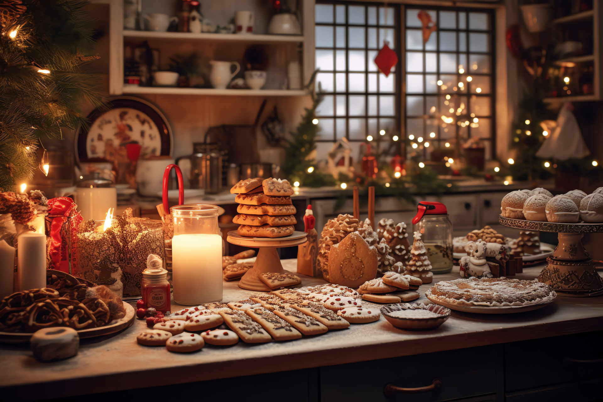 Yule culinary tradition, warm homey bakery, scent of holiday treats, homestyle cookie preparation, festive home baking, HD Desktop Image