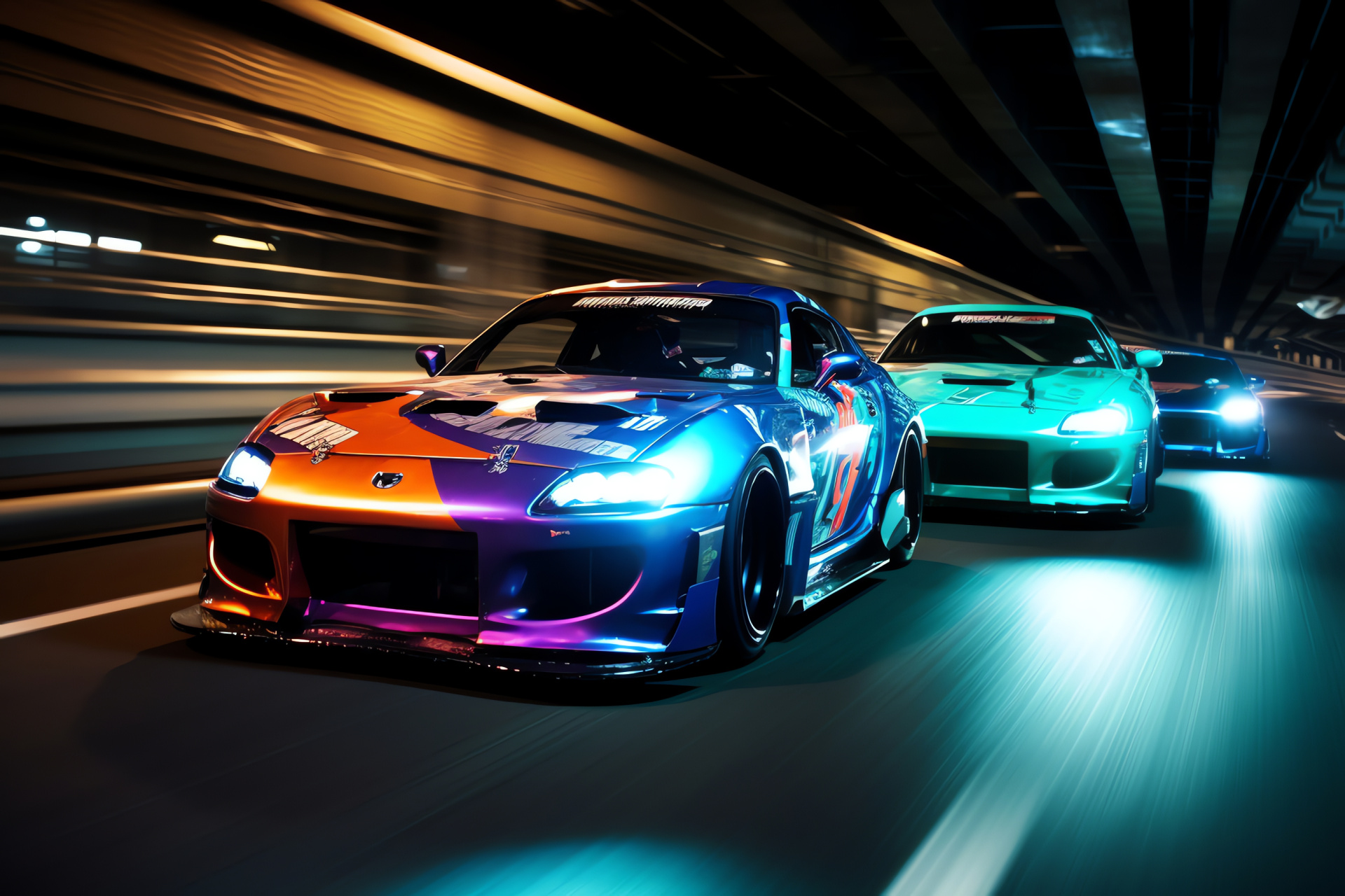 Mazda RX-7, Tokyo drift, Sleek silhouette, Rainbow Bridge landmark, Illuminating glow, HD Desktop Wallpaper