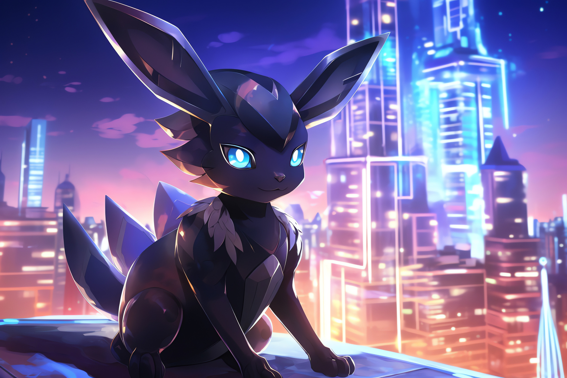 Futuristic Pokemon visual, Shiny Umbreon in-game, Metropolis architecture, Luminous urban vibe, Gaming genre, HD Desktop Wallpaper