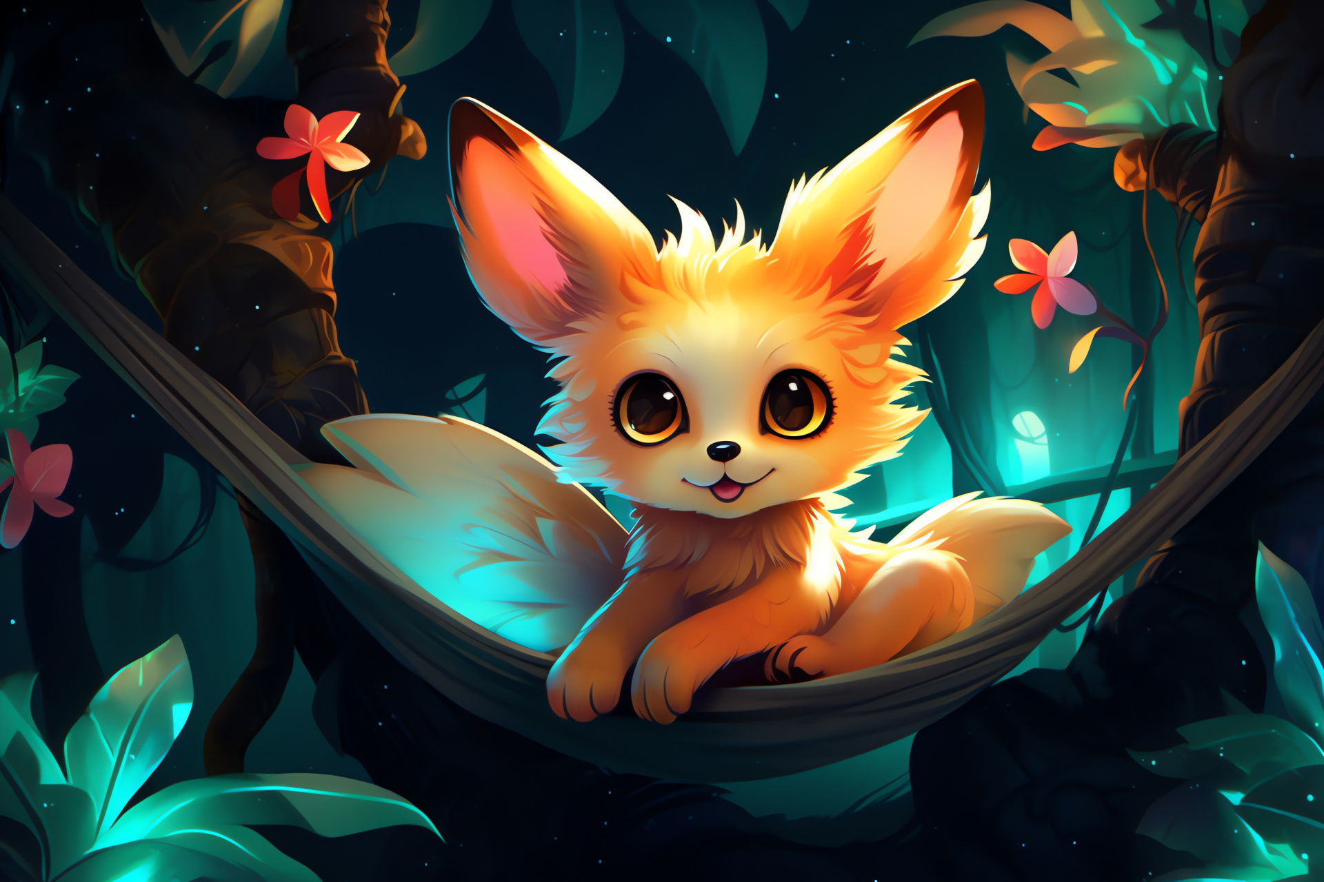 Pokemon Fennekin, Exotic locale, Beach relaxation, Palms scenery, Anime creature, HD Desktop Wallpaper