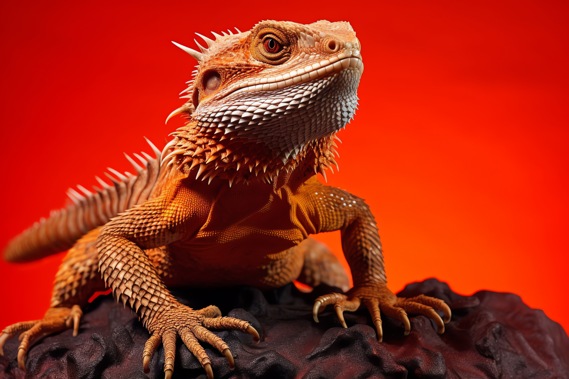 Reptile, Bearded dragon, commanding stance, pure red setting, fiery glare, spiny texture, HD Desktop Image