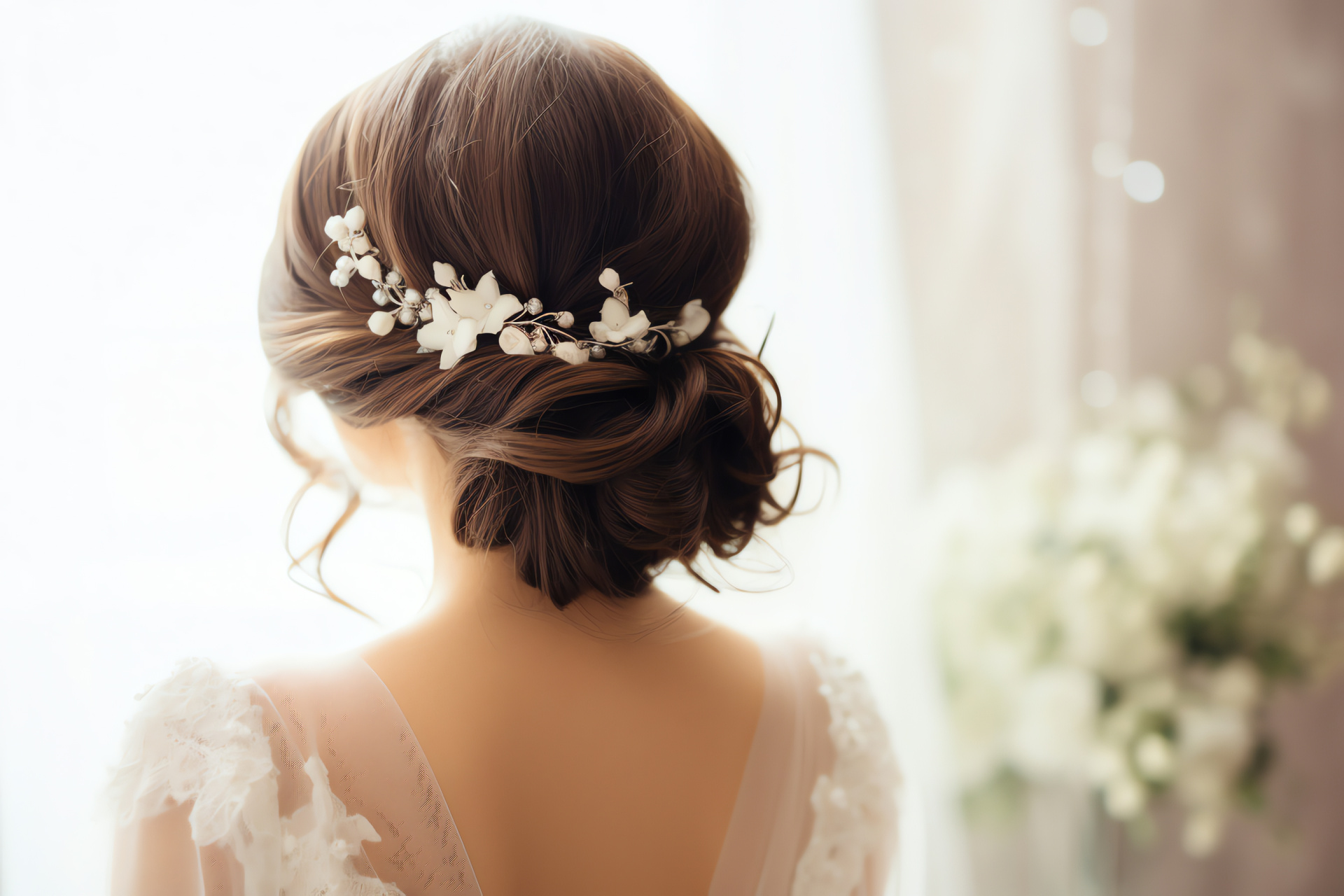 Bridal coiffure, elegant updo, blossoming accents, nuptial ornamentation, stylistic garnish, HD Desktop Image