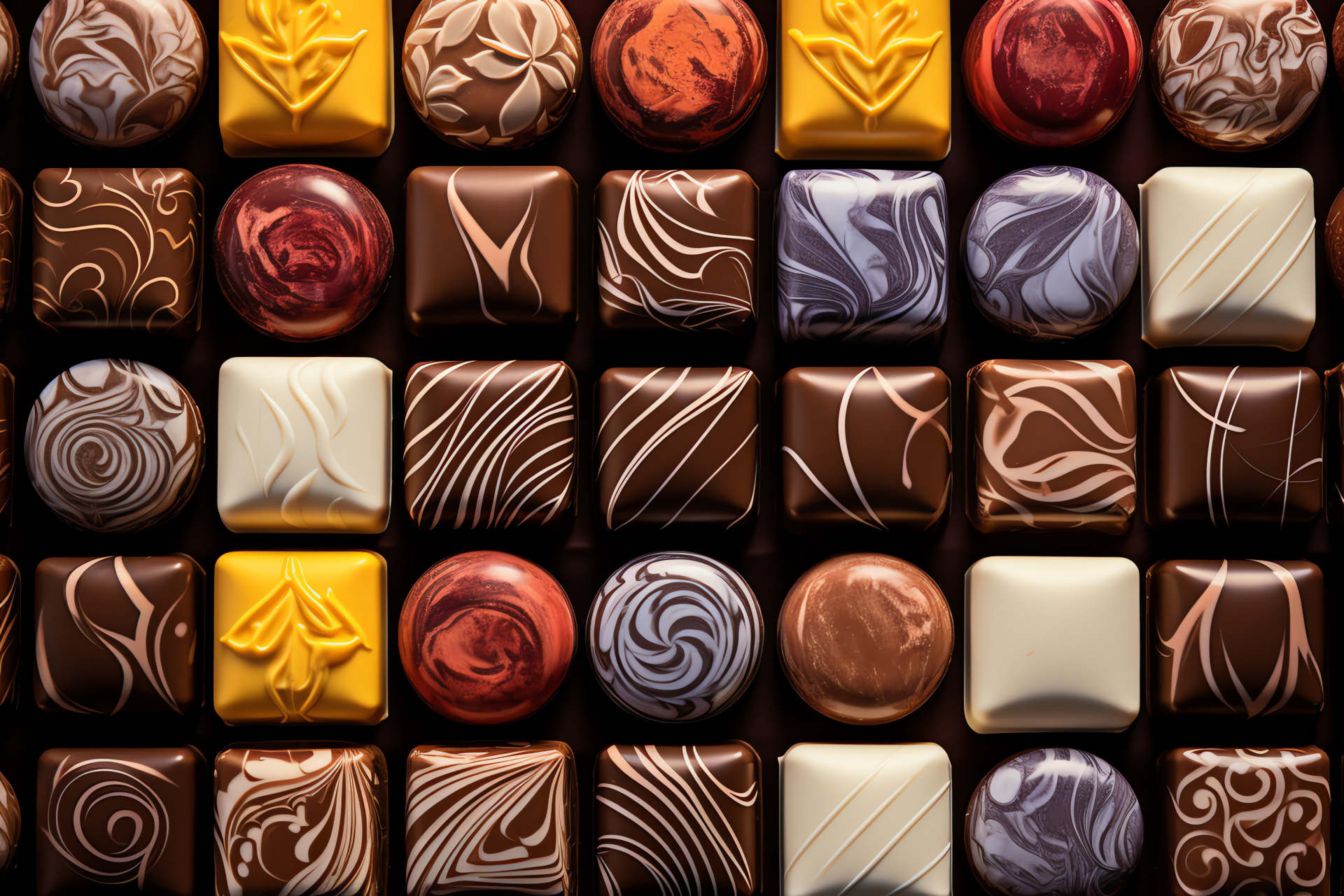 Confectionery artistry, Belgian dark delights, Exotic caramels, Sweetness sensation, Patterned presentation, HD Desktop Image