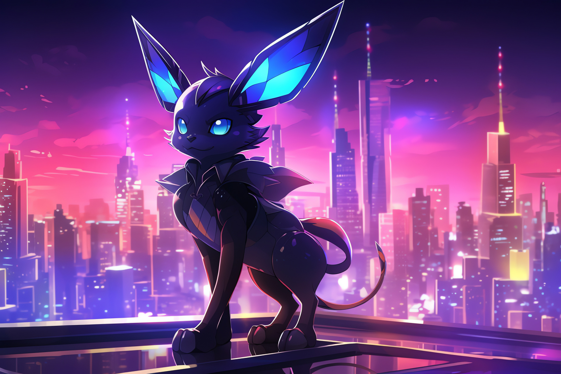 Dark-type Pokemon, Glistening environment, Shiny Umbreon, Nightlife atmosphere, Cyber setting, HD Desktop Wallpaper