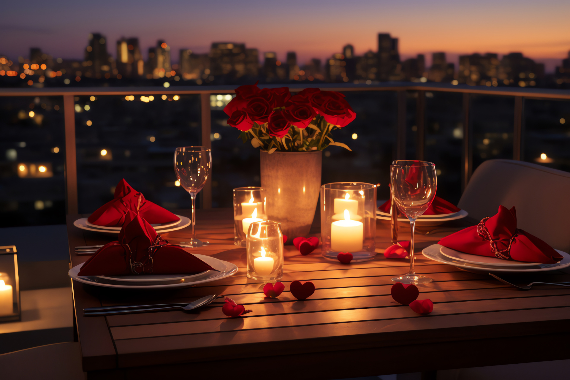 Symbolic love, rooftop romance, urban nightscape, meticulous gastronomy, sophisticated flatware, HD Desktop Image