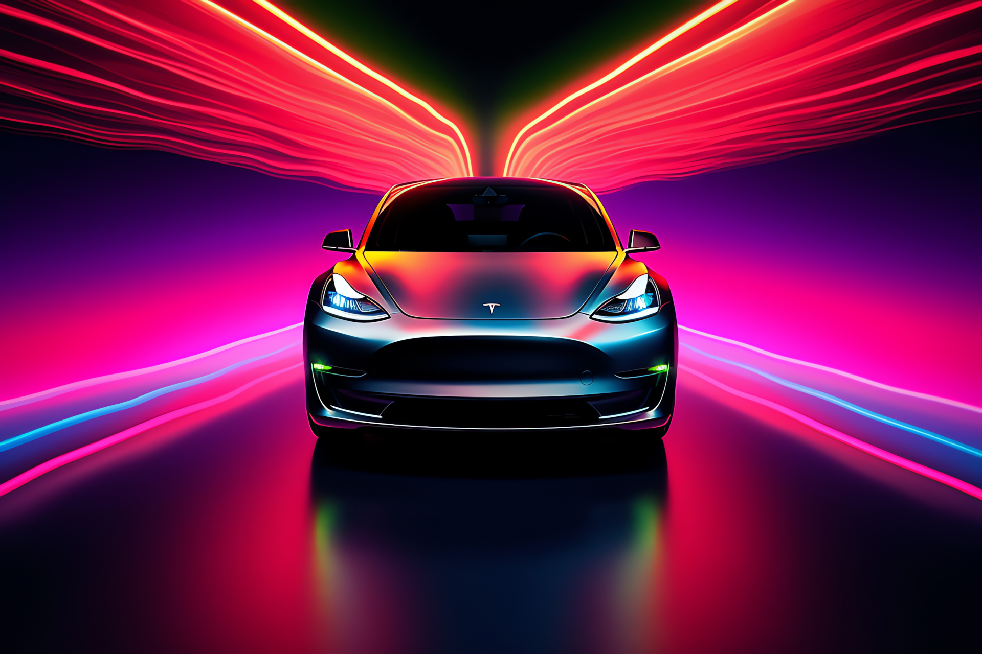 Tesla Model Y, Electric compact SUV, Triple-color background, Advanced engineering, High-performance, HD Desktop Image