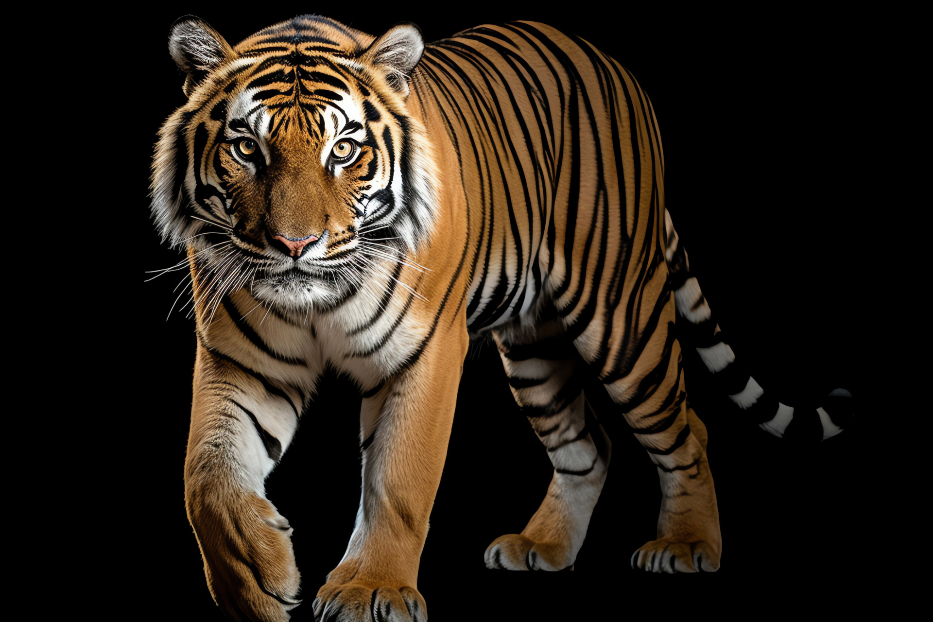 Royal Bengal Tiger, Burnished stare, Onyx backdrop, Tawny fur, Majestic beast, HD Desktop Image