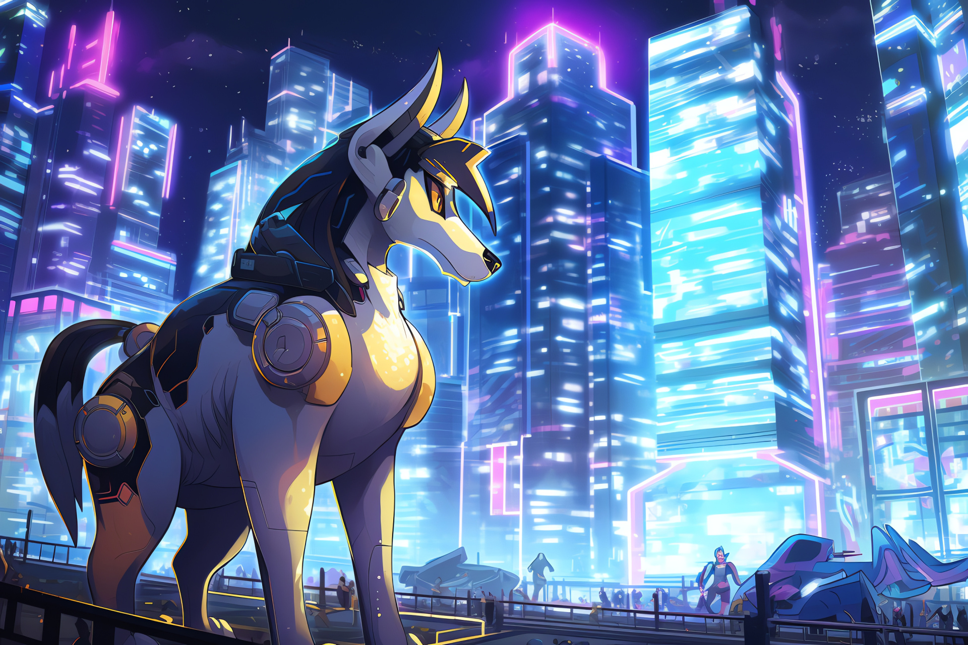 Mega Ampharos sightings, Neon city, Future tech metropolis, Electro fur, Urban sci-fi scene, HD Desktop Image